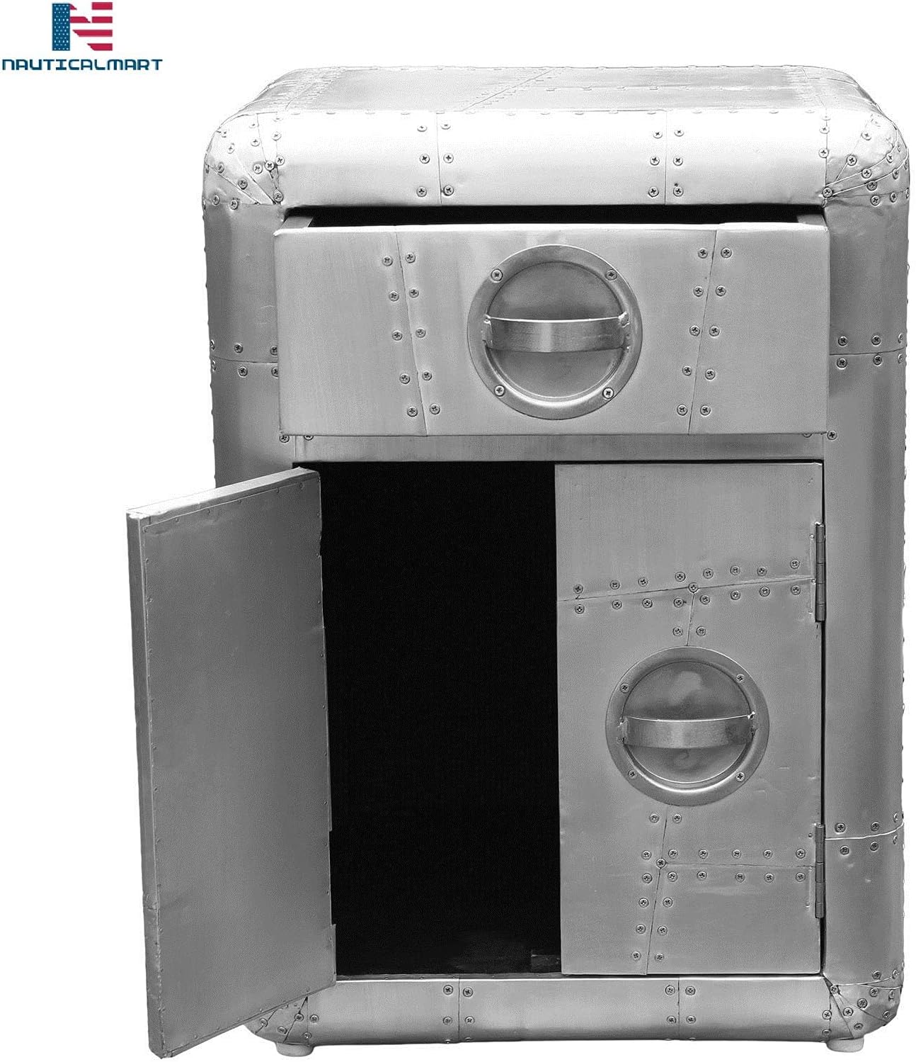 NauticalMart Aviator Aero Aluminum Side End Table,Bed Side One Drawer,2 Doors Han
