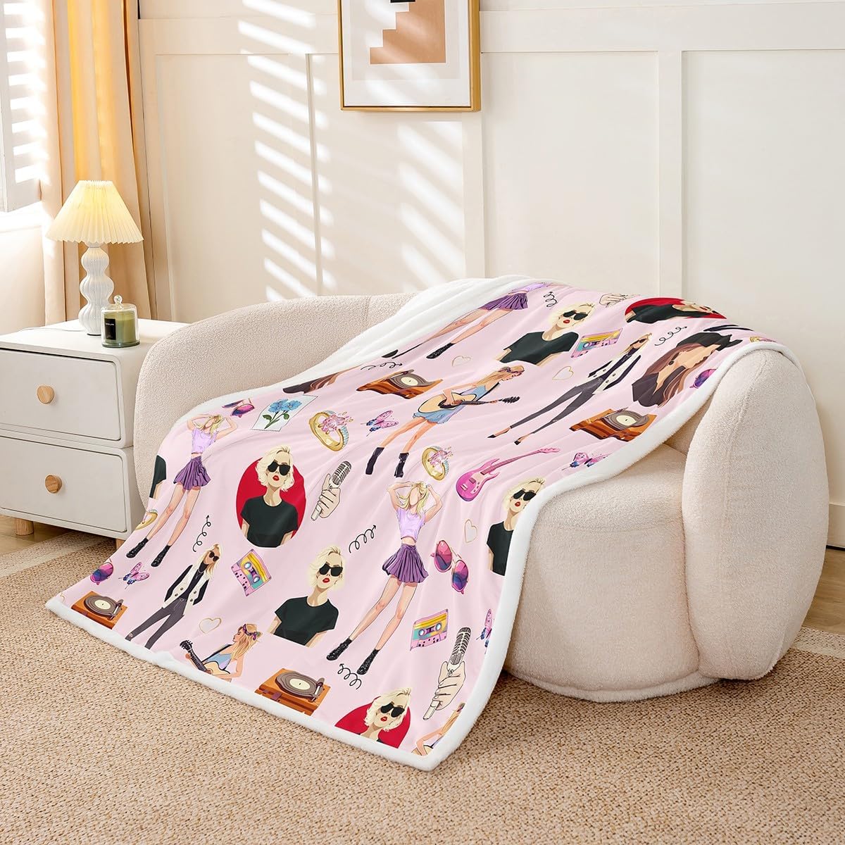 jejeloiu Music Sherpa Blanket 40"x50" Girls Singer Flannal Blanket Gifts Women Music Lovers Guitar Fleece Throw Blanket Coworker Sister Friends Plush Fuzzy for Bed Sofa Travel Pink