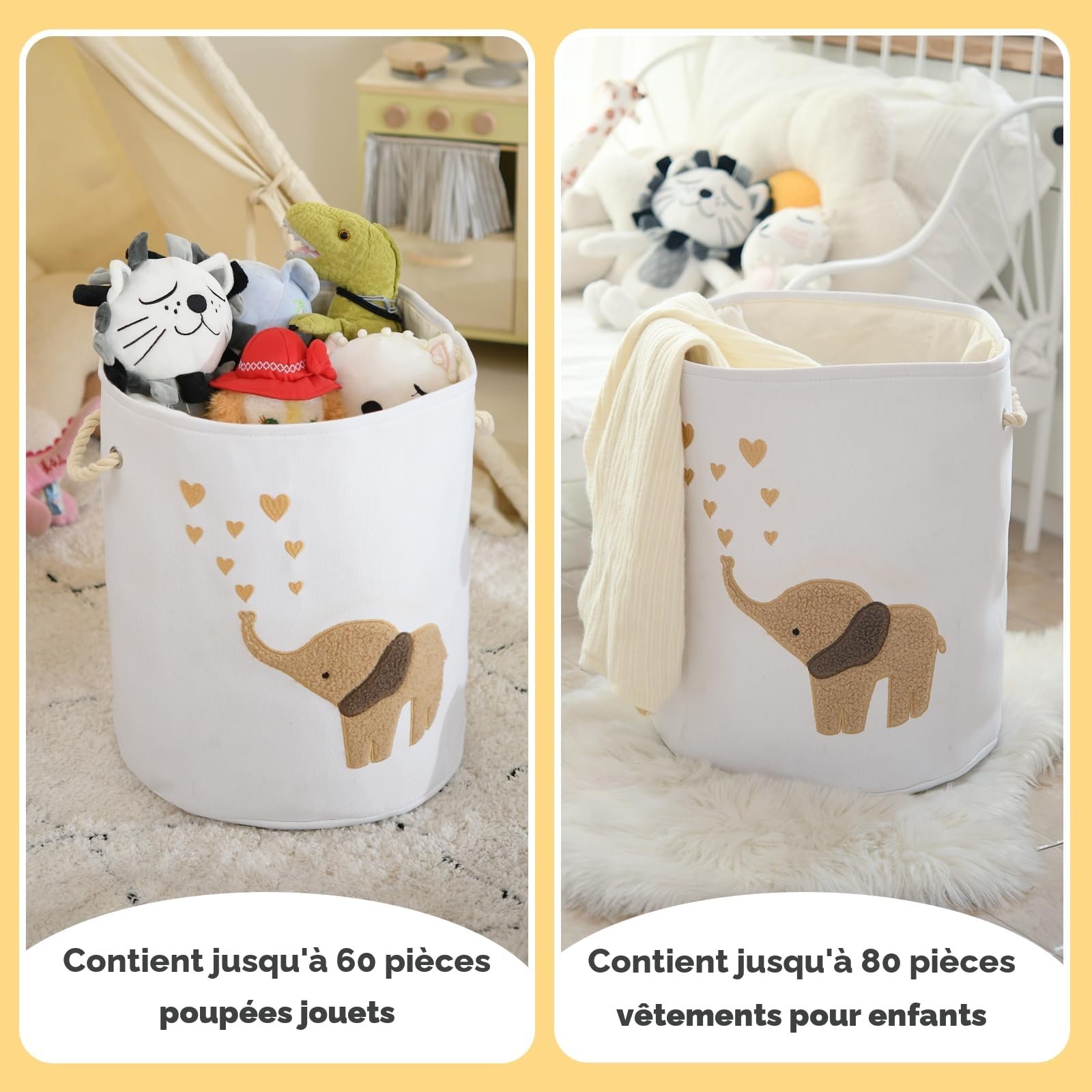 Panier à linge pour bébé, panier à linge en toile 58 L, panier à vêtements de bébé, panier à linge pliable, panier à jouets pour chambre d'enfant, panier à jouets avec cordon de serrage