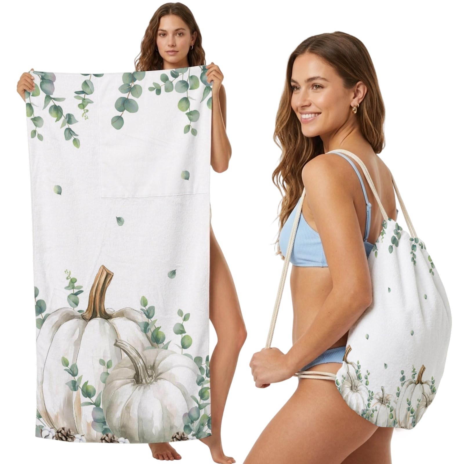 FWJZDSP 2-in-1 Beach Towel Backpack,Thanksgiving White Pumpkin Bath Towel with Built-in Storage Green Eucalyptus Leaves Convertible Foldable Beach Blanket for Travel Pool Gym Camping Swim,31x63in
