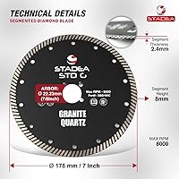 Vista 2 de Stadea SBD105C - Hoja de sierra de diamante de 7 pulgadas de corte continuo turbo seco, corta granito cuarcita, compatible con amoladora, cortador