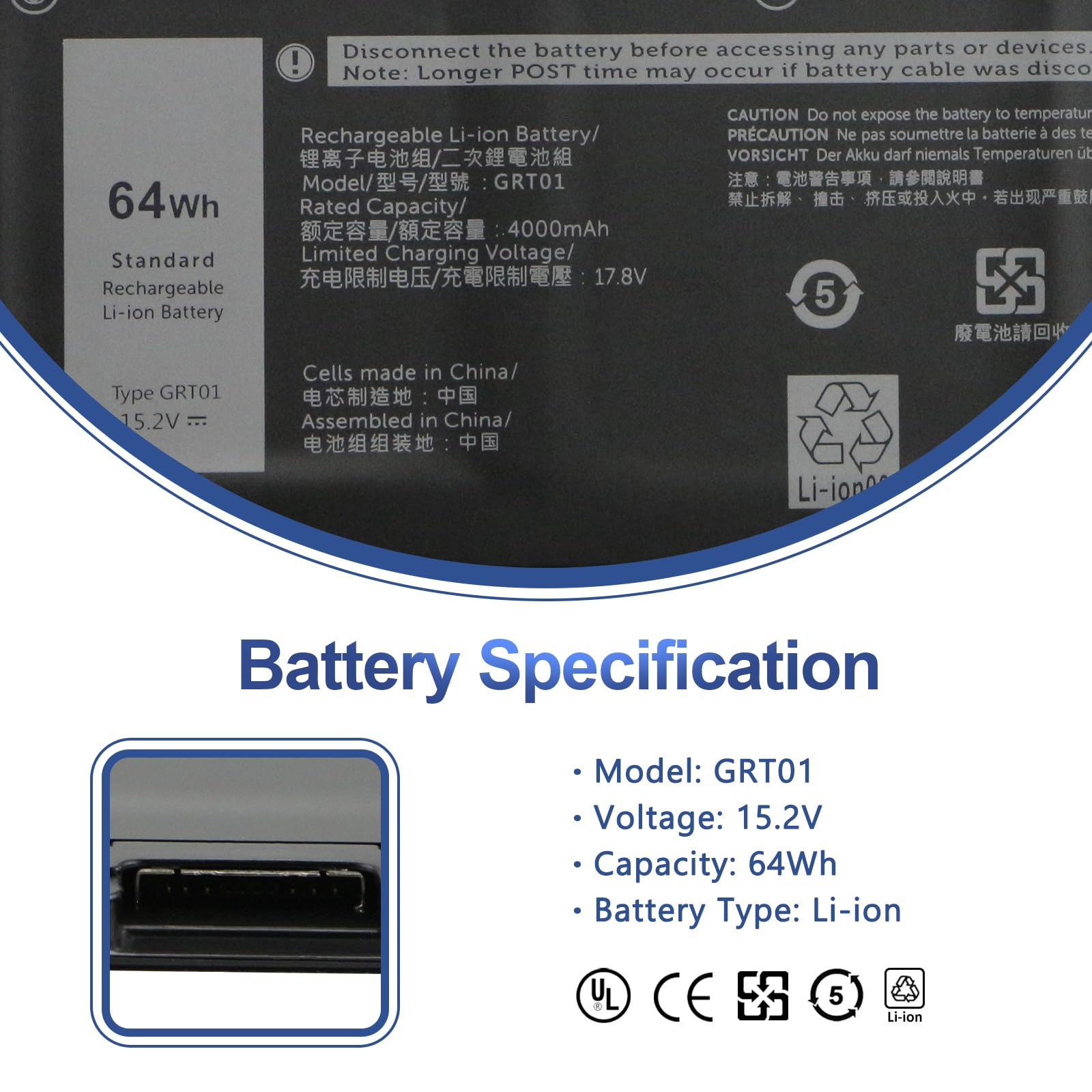 ANTIEE GRT01 Bateria zapasowa do laptopa DELL Latitude 5421 5431 5521 5531 Precision 3561 3470 3571 Alienware m17 R5 AMD Series Laptop 9JRV0 00P3TJ 0P3TJ R05P0 0 0 R05P0 05RGW 15.2V 4000mAh 4-Cell