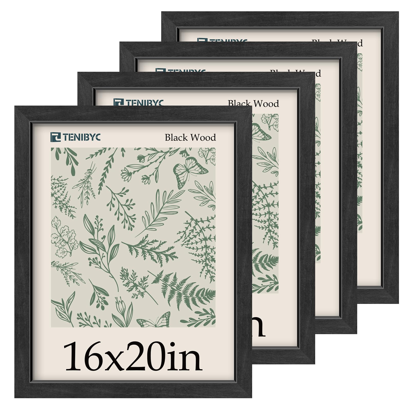 16x20 Frame 4 Pack, Black Wood Picture Frame, HD Tempered Glass, Display 16x20 or 20x16 photos, posters, and puzzles, Wall Hanging