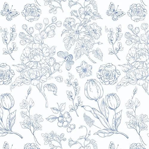 Fiula Papel tapiz autoadhesivo floral para despegar y pegar, color azul y blanco, 44 x 300 cm, envoltura de vinilo para muebles, papel de contacto impermeable, extraíble para sala de estar, dormitorio
