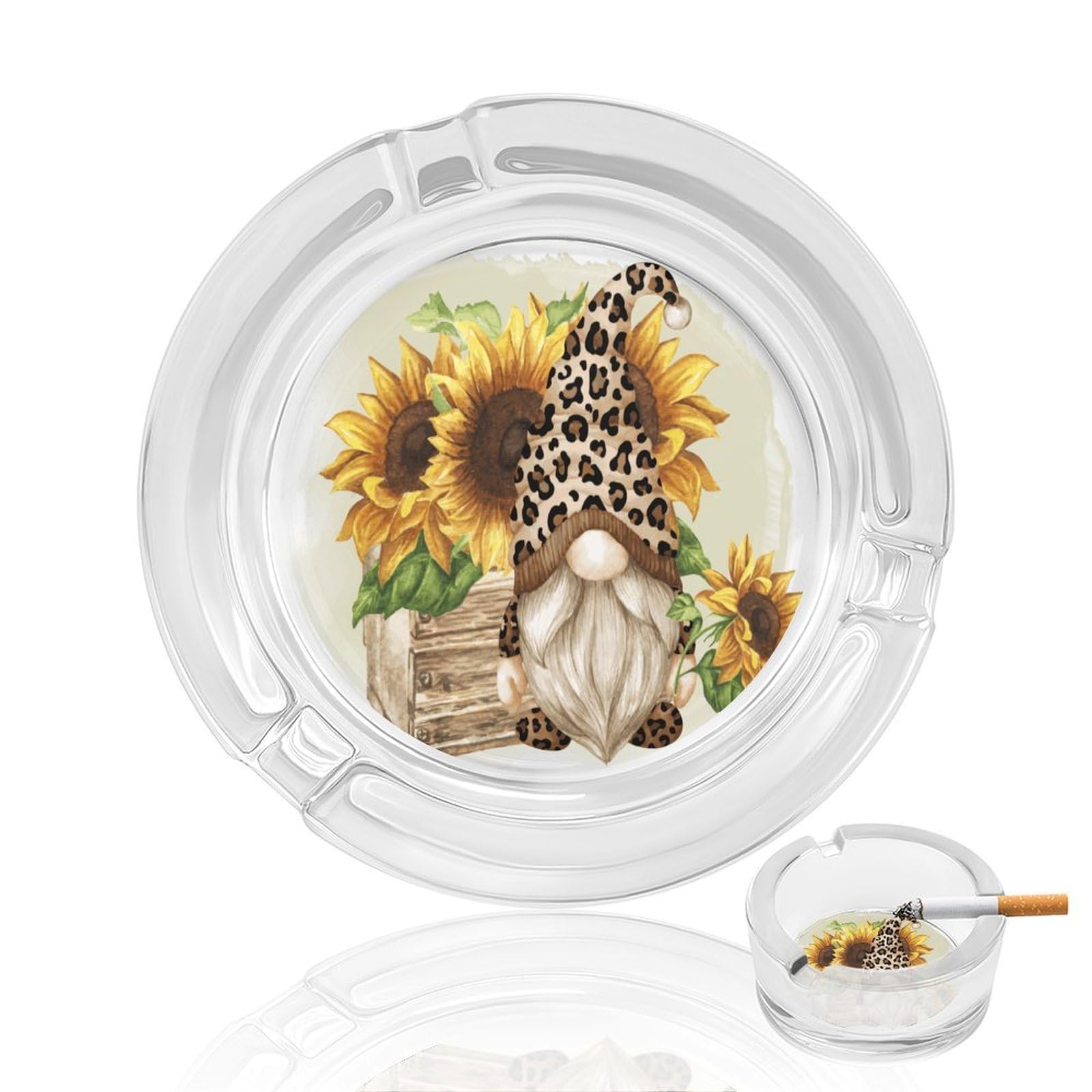 Leopard Gnome Sunflowers Glass Ashtray 3.3 Inch Round Cigarette Ash Holder with 4 Grooves for Home Office Outdoor One Size