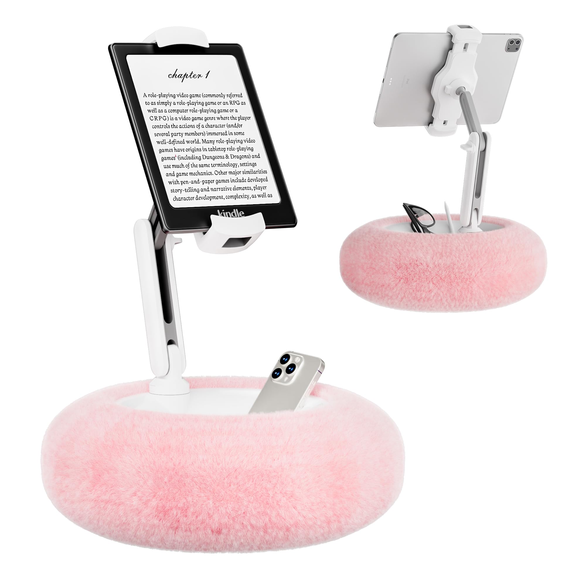 VoltifyMax Tablet Stand Pillow, Storage Bowl for Kindle Stand, 360° Rotating Adjustable Phone Holder for Bed, Compatible with 4.7-13" iPhone, Kindle, Tablet, iPad, Cozy and Soft Plush, Pink