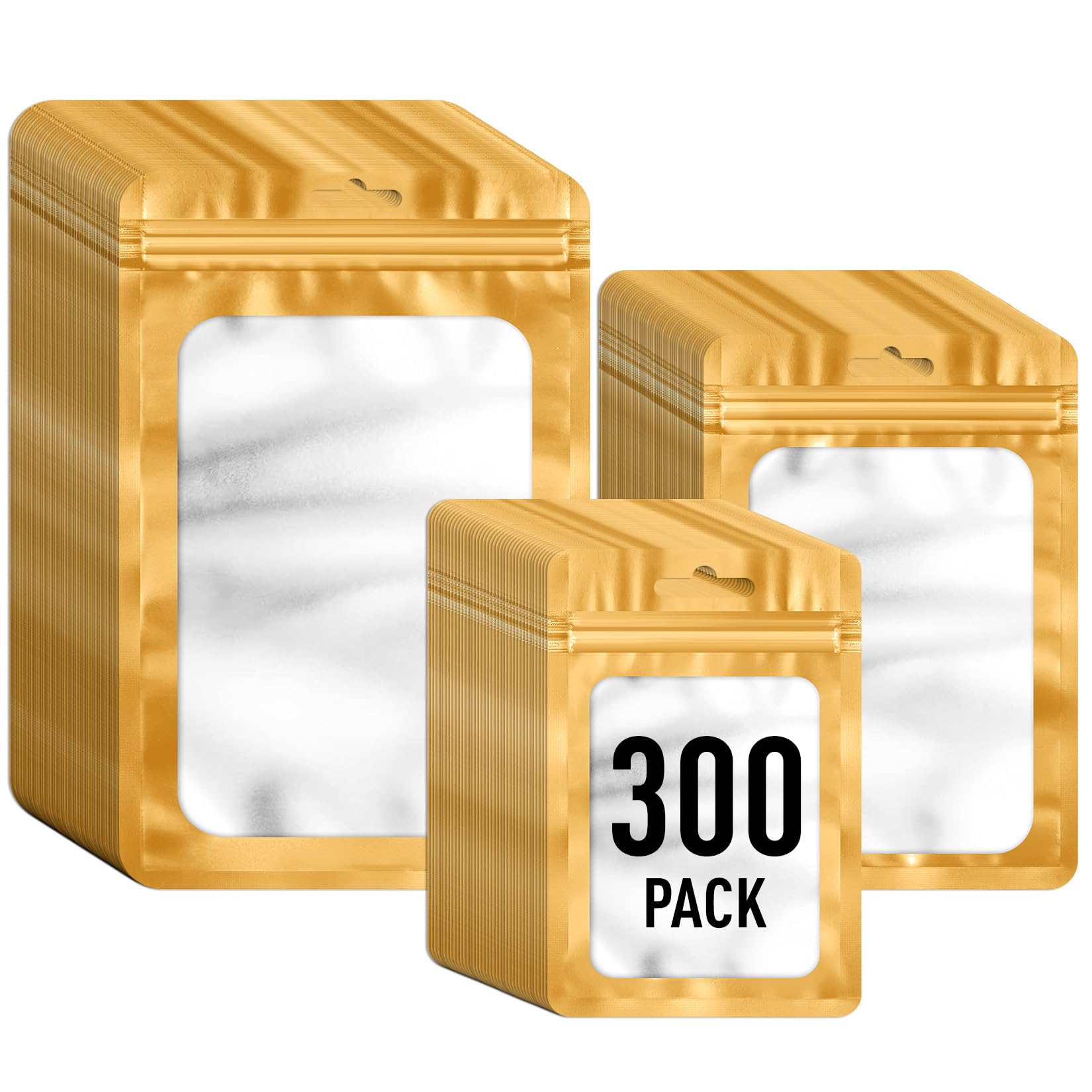 ANZNKU 300 Pcs Gold Mylar Resealable Bags 4x6 In, 3x4.7 In, 4.7x7.9 In, Smell Proof Packaging Bags with Window for Small Business, Small Pouch for