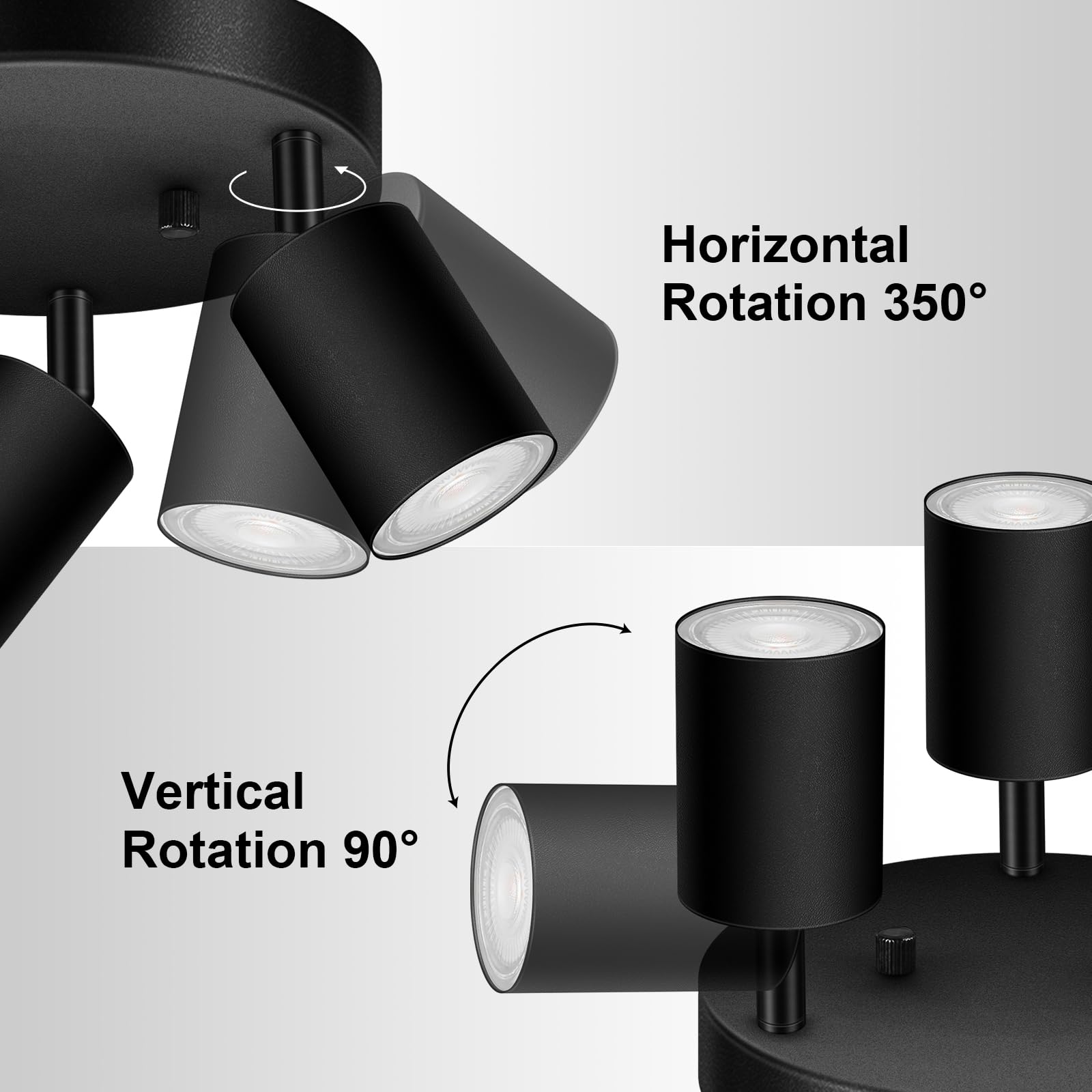 3 luces de riel de iluminación de techo, foco de techo direccional redondo negro mate, GU10 de montaje empotrado para techo/pared, luz LED moderna ajustable para cocina/sala de estar, sin bombilla 4