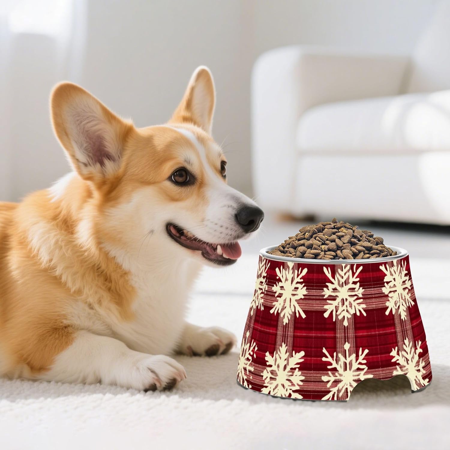 Snowflakes Christmas Plaids Red Raised Pets Water Bowl Elevated Stainless Steel Pets Basic Bowls for Small Pet Whisker Fatigue