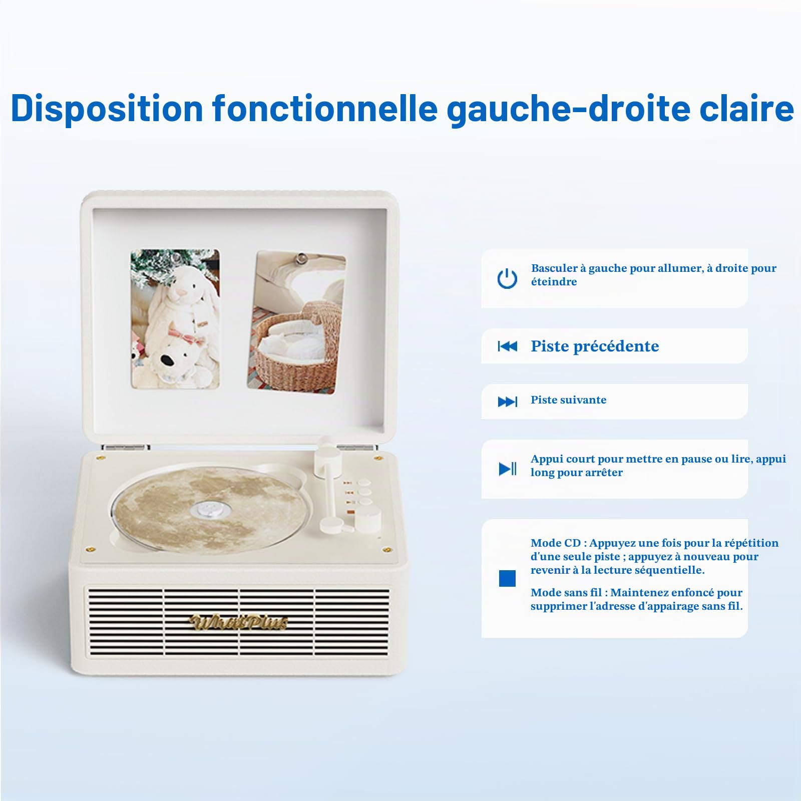 C300PRO Lecteur CD avec haut-parleur Bluetooth, son haute fidélité, contrôle par application, affichage magnétique pour photos et broches, lecteur de musique de bureau rétro, cadeau pour les