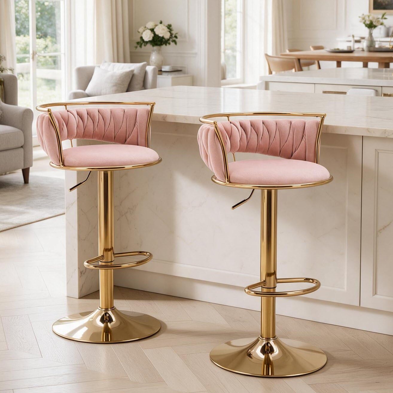 DUOMAY Adjustable Height Velvet Swivel Bar Stools Set of 2