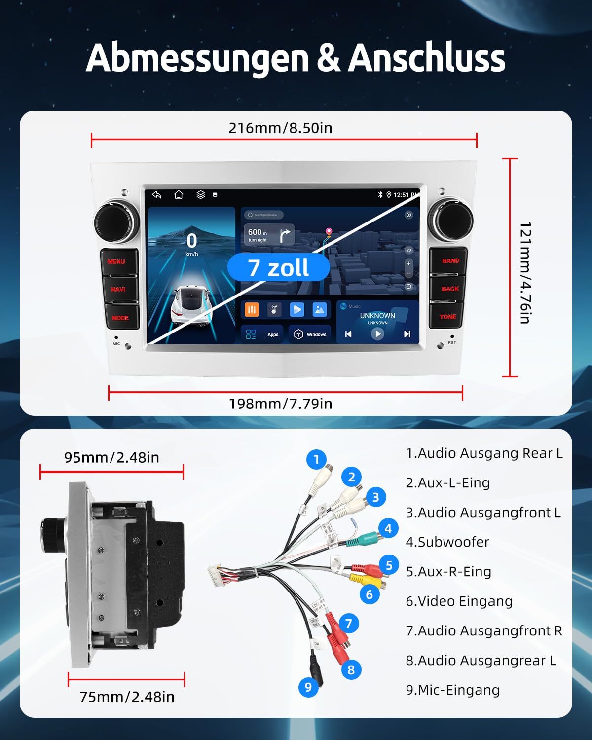 ESSGOO 2+64G Wireless Autoradio Android 14 mit Carplay und Android Auto Für Opel Astra H Corsa C/D Vectra C Zafira 7 Zoll IPS Touchscreen Bluetooth FM RDS GPS Silber Mikrofon