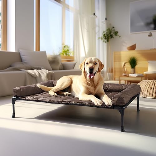 Miniatura 12 de Veehoo Cama Elevada Refrescante para Perro Añade Cojín Bolster Extraíble Impermeable Alfombrilla, Catre Elevado para Mascotas con Malla Teslin beige