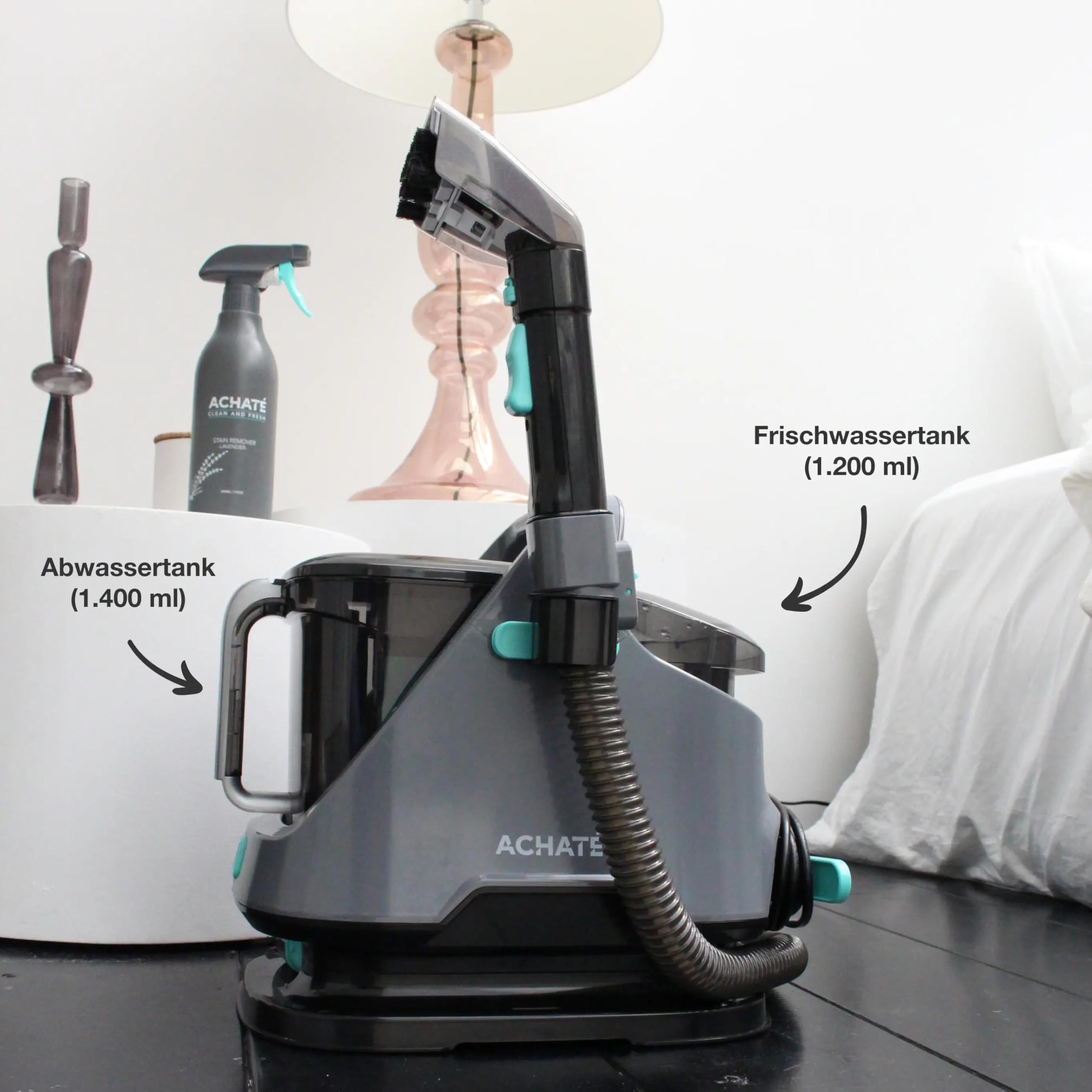 Achaté Waschsauger - Fleckenreiniger für Teppich, Sofa, Vorleger, Polster, Treppen, Auto - Leistungsstarker Teppichreiniger - Polsterreiniger Gerät 650W, 1,4L, Grau/Blau