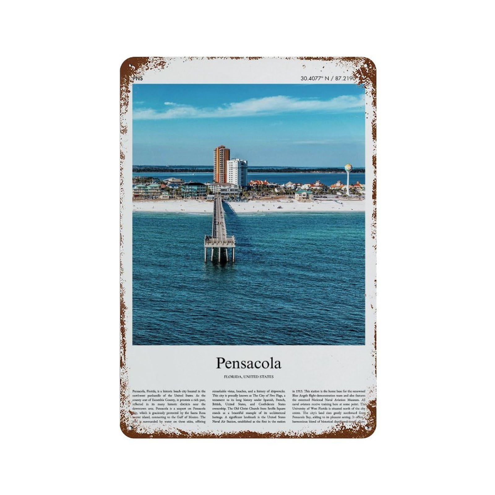 xiaoxiaoshen Pensacola Florida, United States, USA City Scenery Wall Decor Art Metal Tin Poster Modern Home Decor Art Home Bar Shop Decorations Vintage Sign 30x20cm