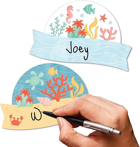 Big Dot of Happiness Ocean Creatures - Etiquetas de nombre para aula, etiquetas de casillero de escritorio, papel de cartulina de doble cara, 32