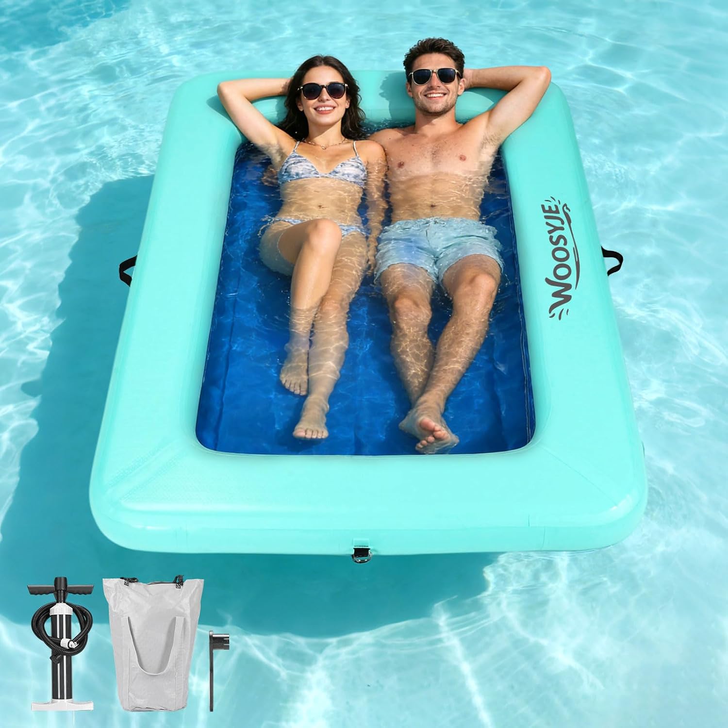 Inflatable Water Hammock Float, 2-Person Tanning Pool Floats,6.6ft x 5ft Heavy Duty Drop-Stitch Floating Dock with Mesh Center, Stainless Steel D-Rings, Includes Pump