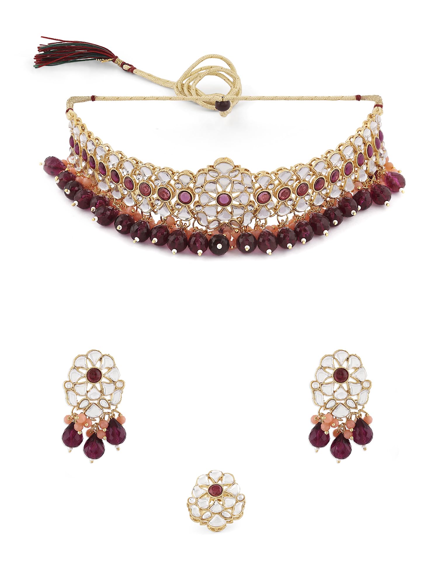 ZAVERI PEARLS Wine & Peach Cluster Drops Kundan Choker Necklace Earring & Ring Set For Women-ZPFK16510 (B0CKJ1SMTW) Amazon Price History, Amazon Price Tracker
