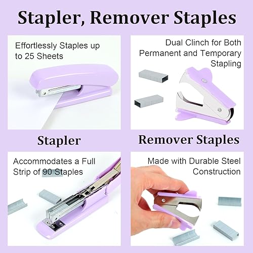 Miniatura 4 de EOOUT Juego de 9 accesorios de escritorio morados, juego de suministros de oficina, grapadora y dispensador de cinta para mujeres con grapadora,