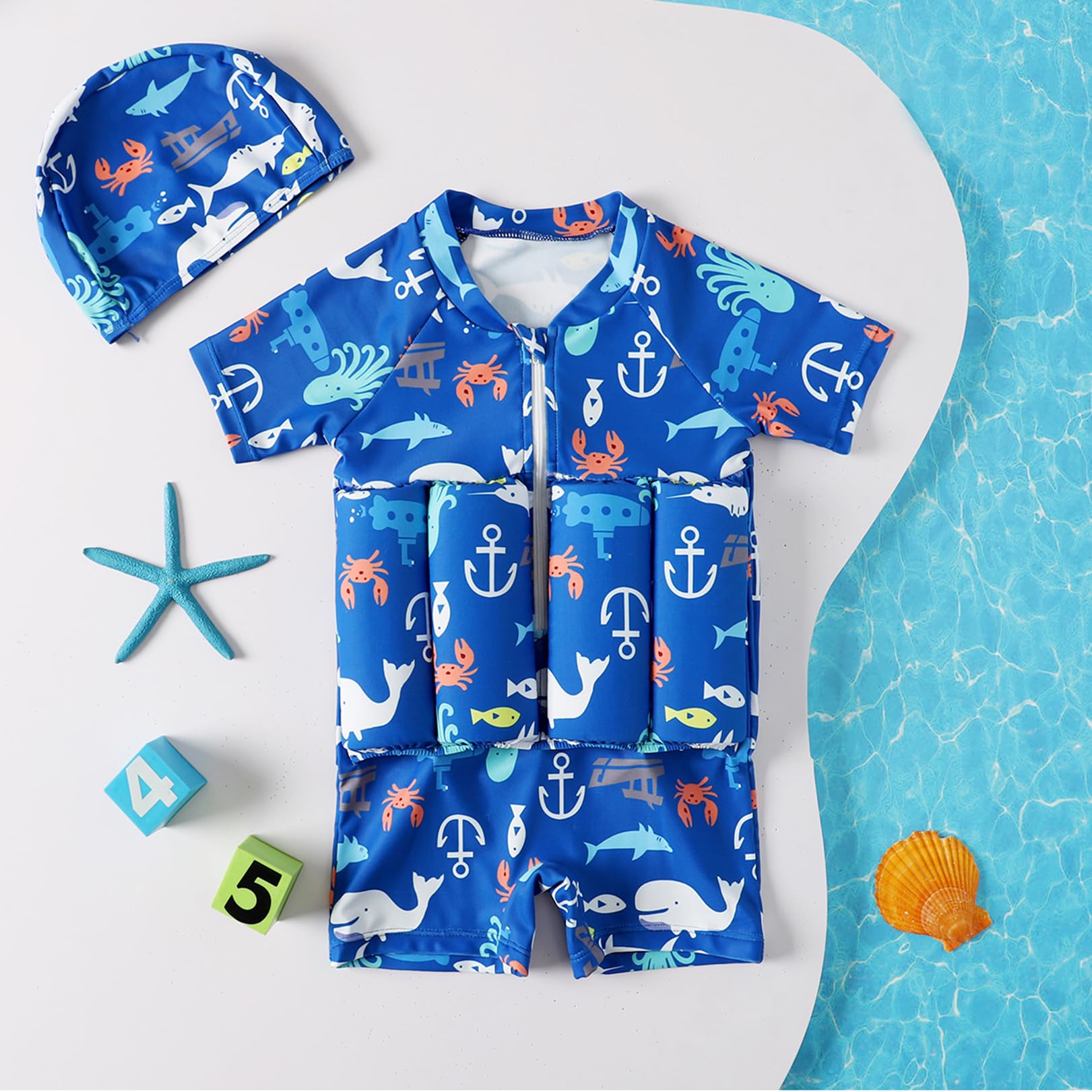 Costume Natation Flottant pour Enfants, Maillot Bain Super-héros pour garçons, Sports Nautiques, Plage, Voyage, Dessin animé, Ensemble Natation Confortable,Blue-90cm