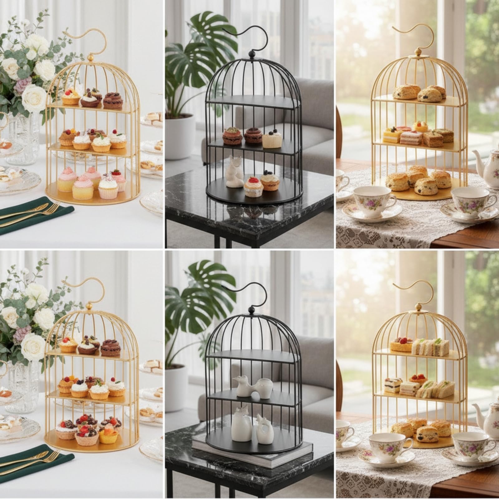 TISHITA Alzata per Dolci Portatorta Vassoio Espositore a Tre Ripiani con Design Elegante a Gabbia E Manico Supporto Stabile per , Nero , Stile Europeo, Design A Gabbia Per Uccelli A Tre Livelli