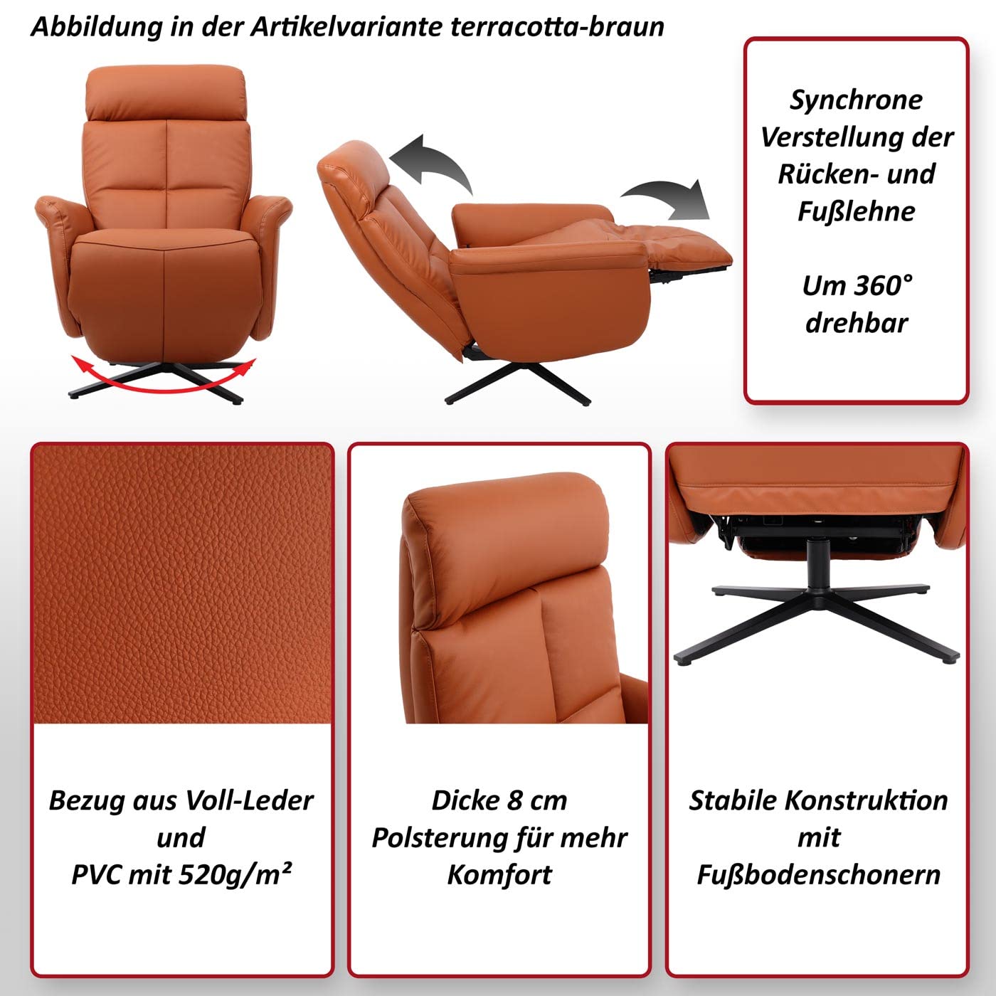 Mendler Sillón relax HWC-L10 de cuero - azul | Sillón reclinable para TV, reclinable