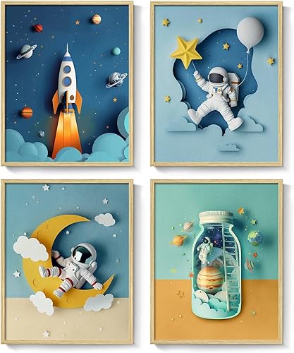 Miniatura 1 de Arte de pared enmarcado de astronauta espacial genial para decoración de guardería, 4 piezas de lienzo con temática espacial moderna, ilustraciones