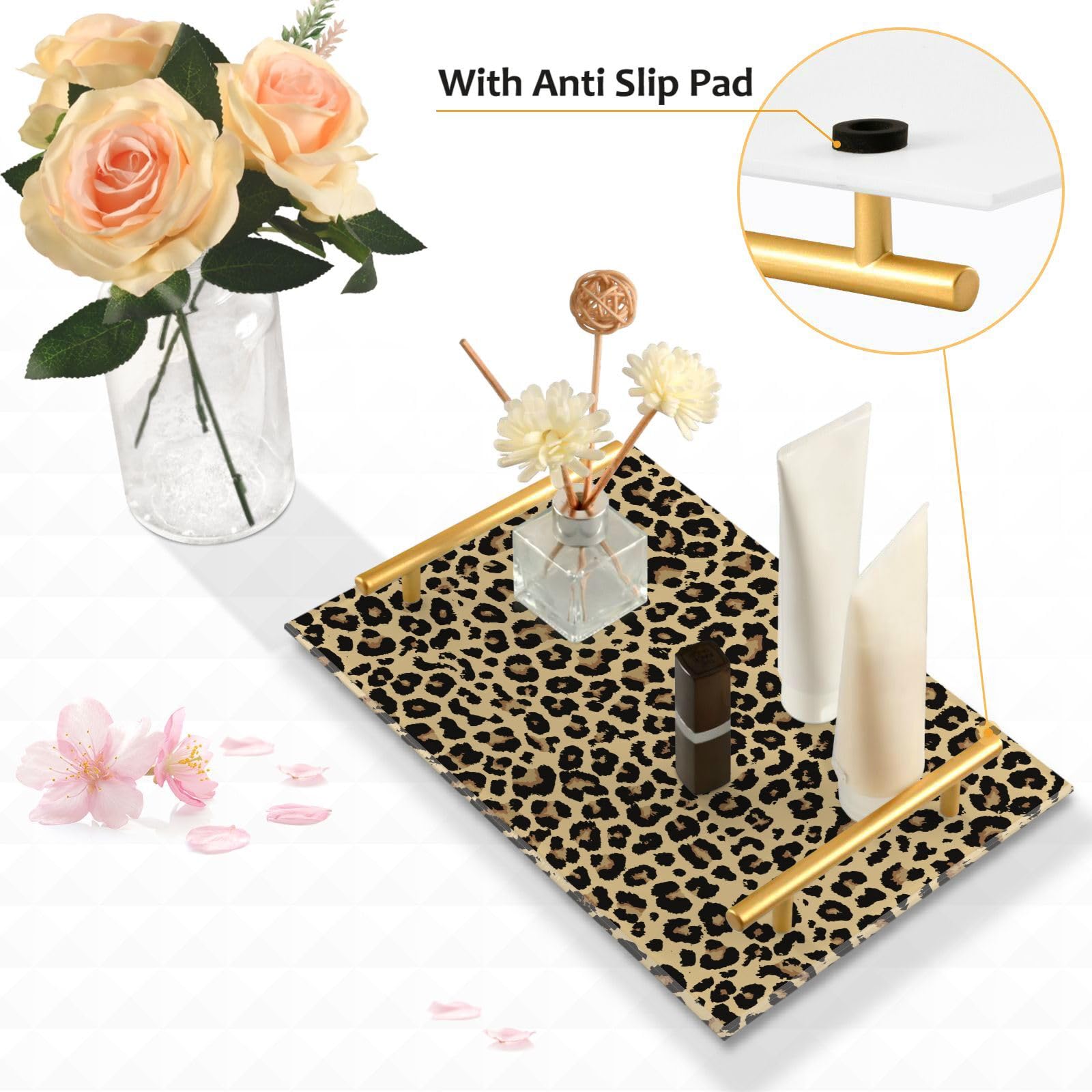 ZZKKO Leopard Acrylic Tray Bathroom Organizer Countertop Decorative Vanity Tray with Gold Handles Makeup Tray for Bathroom Counter Dresser Kitchen Table