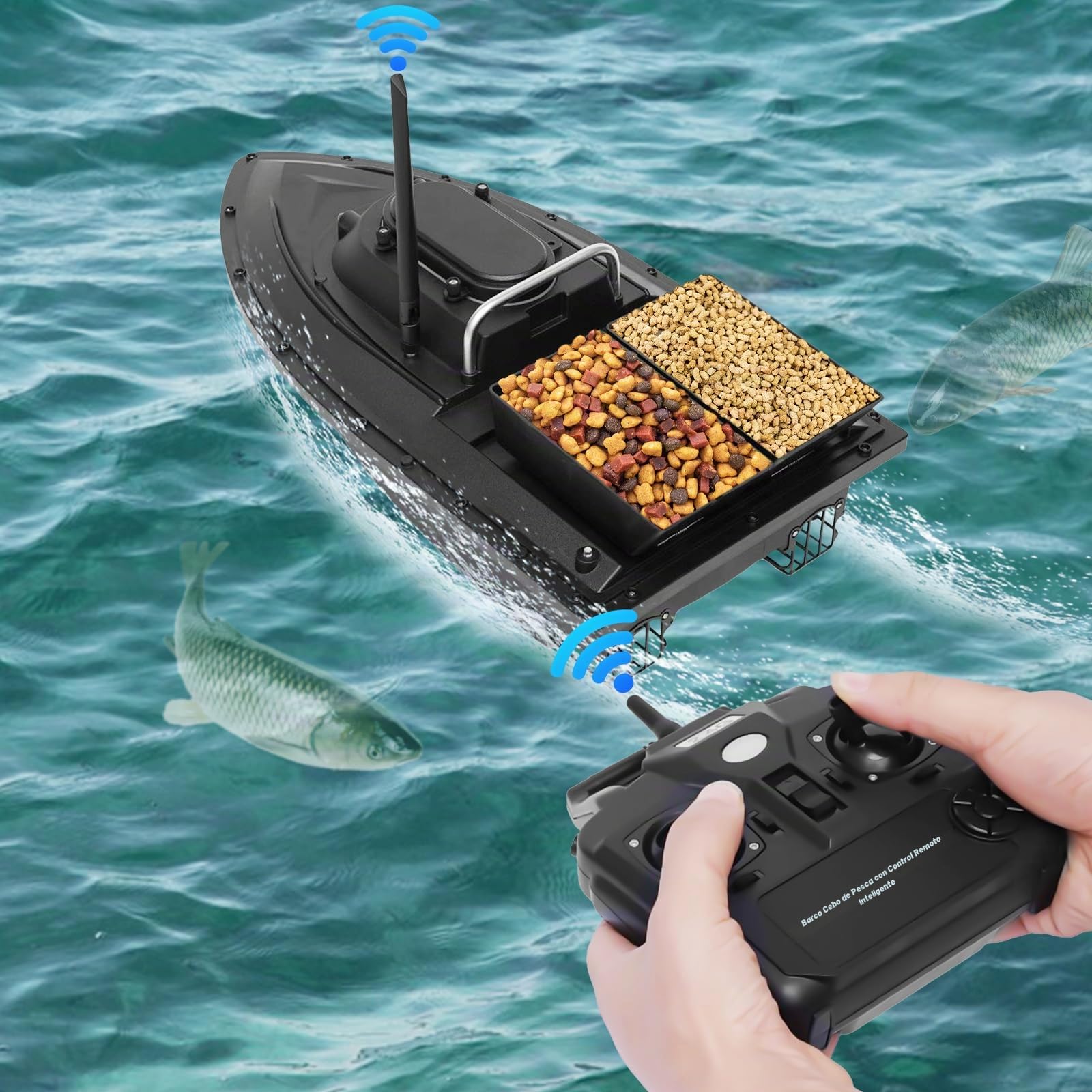 Barco de cebo RC con 2 compartimentos para pesca nocturna, con mando a distancia
