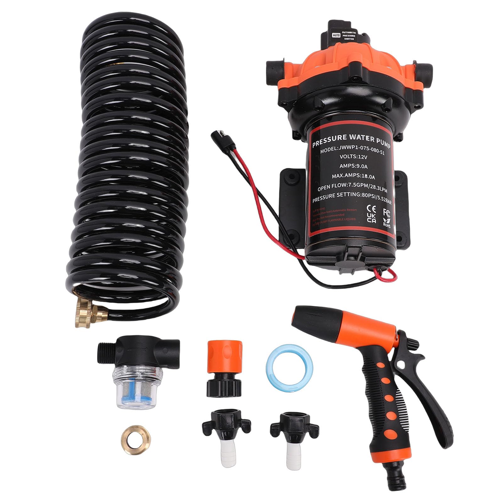 KIMISS Kit de Bomba de Lavado de Cubierta 7,5 GPM 80 PSI Filtro Incorporado Bomba de Lavado de Barcos para Remolques de Viaje RV Uso en Agua Dulce y Salada de Agua Marina de 12 V