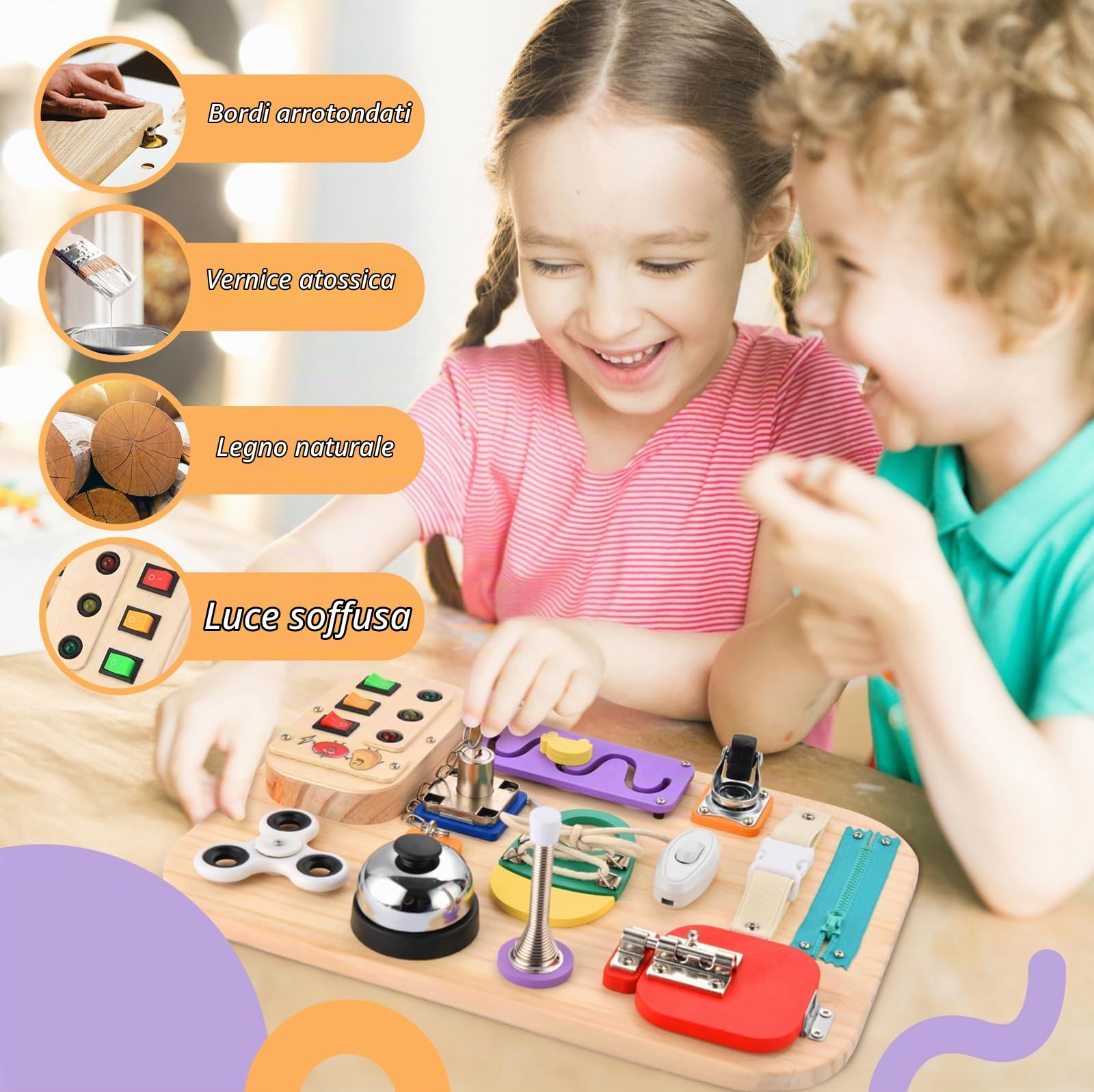 potatomato Busy Board Montessori in Legno – Giocattolo sensoriale e motorio per Bambini – Activity Board educativo per Bambini Piccoli – Fidget Toy pedagogico per Bambine e Bambini