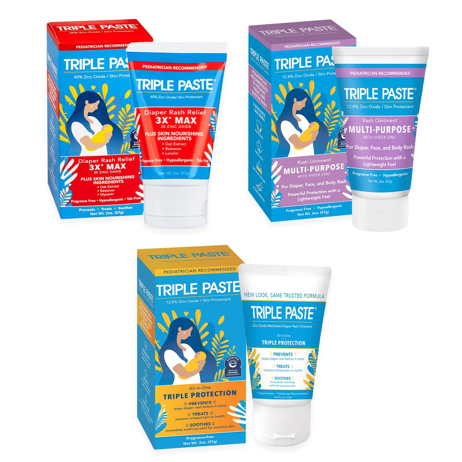 Triple PasteGift Bundle: Diaper Rash Cream 2 oz Ointment, 3X Max Strenth 2 oz Ointment, & Sheer Zinc 2 oz Ointment Trio Kit