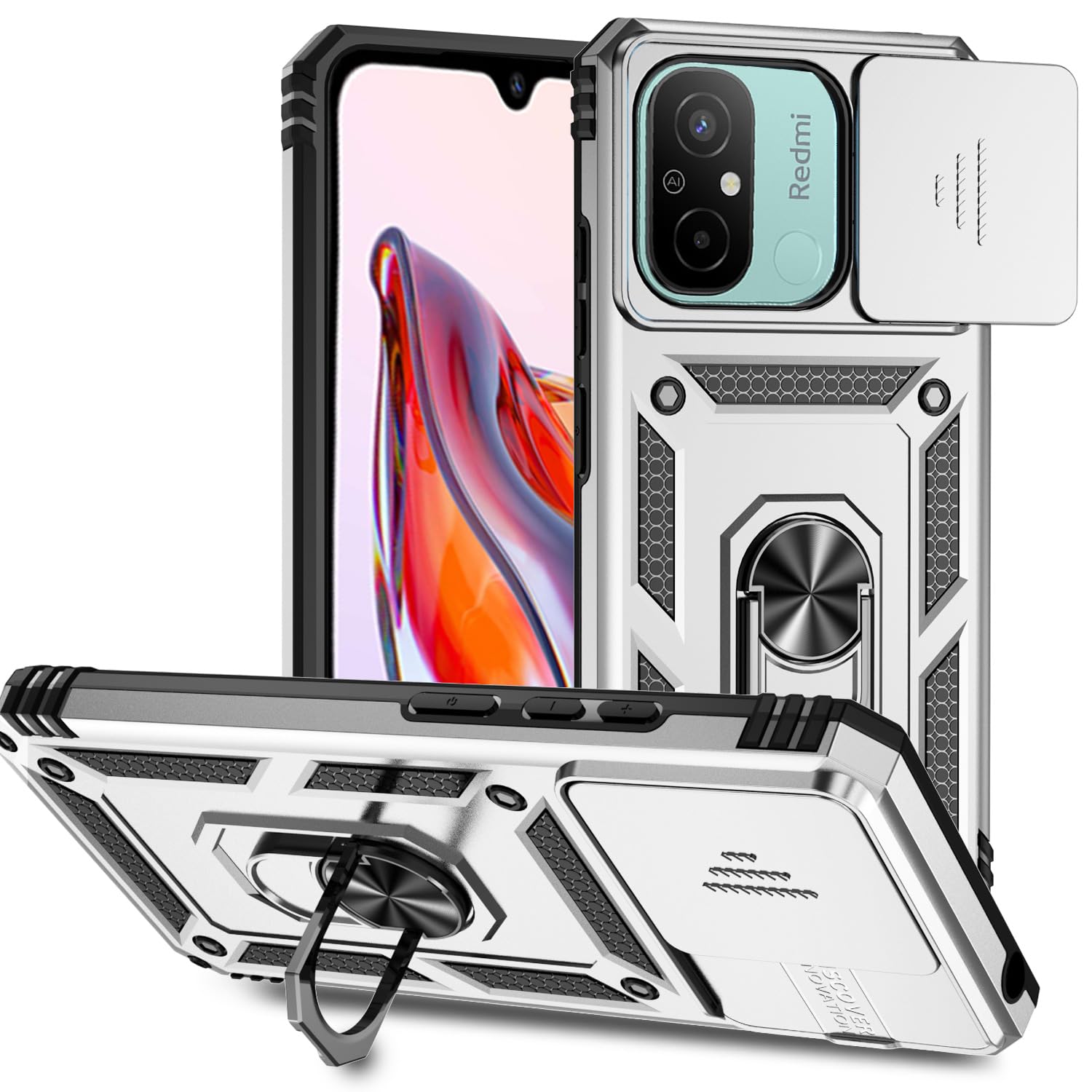 XINYEXIN Cover per Xiaomi Redmi 12C, Custodia con Protezione Fotocamera [360° Magnetica Anello Supporto] Hard PC y TPU Silicone Antiurto Custodie - D'argento