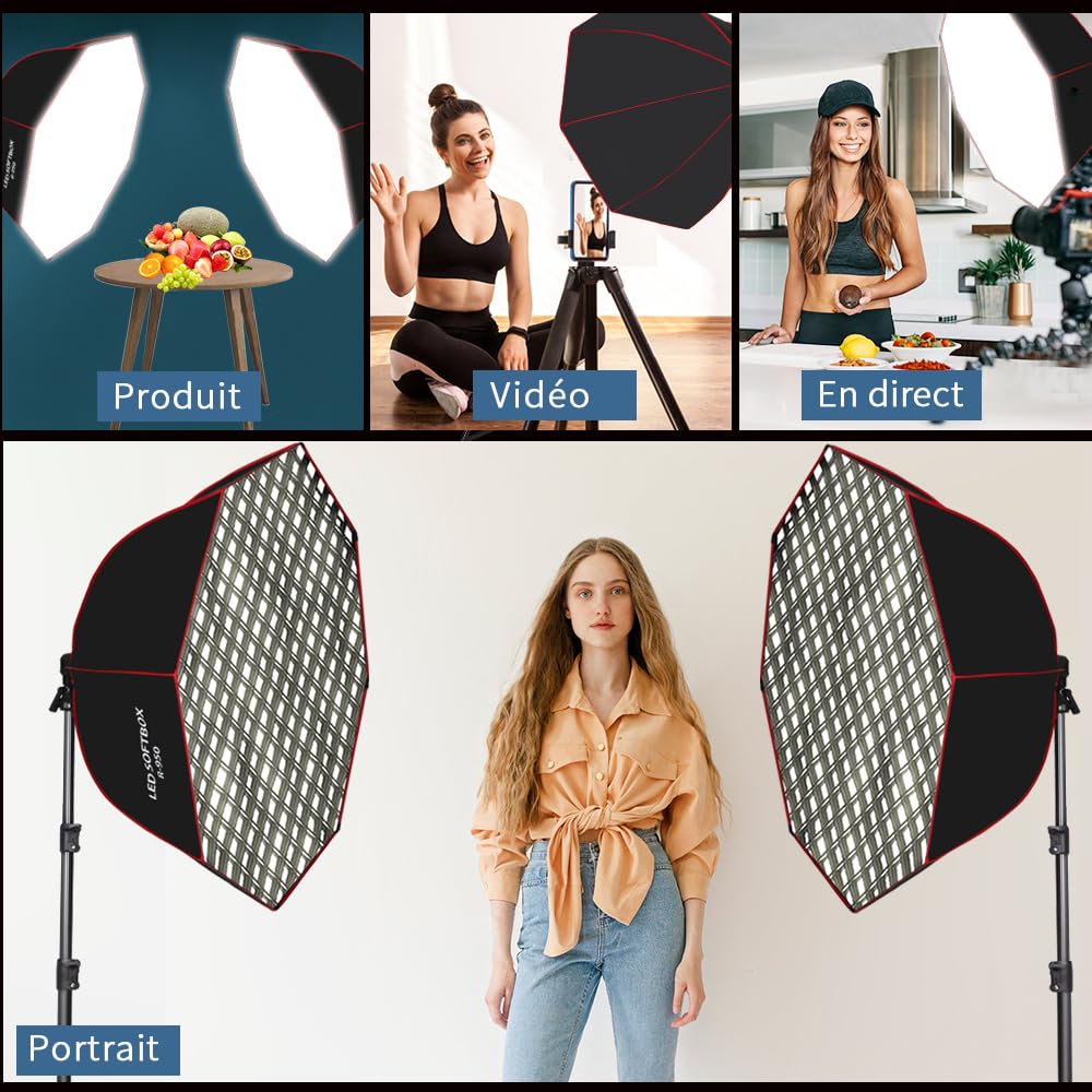 Kit de Softbox de iluminación parabólica octogonal 110 W, Softbox 95 cm con rejilla alveolar/mando a distancia, soporte para luz de estudio, grabación de vídeo, fotografía de retratos, en