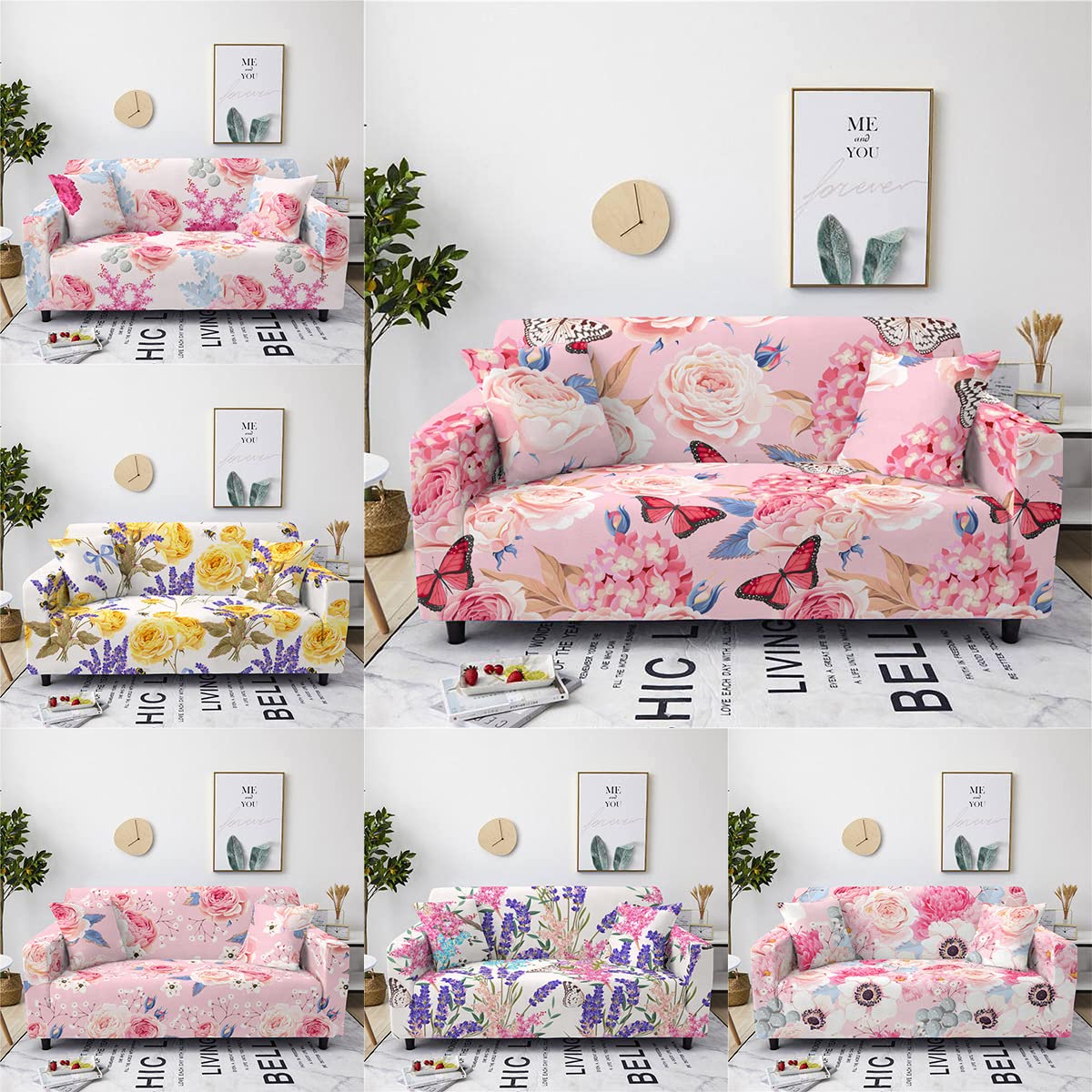 Highdi Copridivano Elasticizzato 3D Floreale – Fodera Universale Con Braccioli, Antiscivolo, Lavabile (Fiori Rosa, 2 Posti)