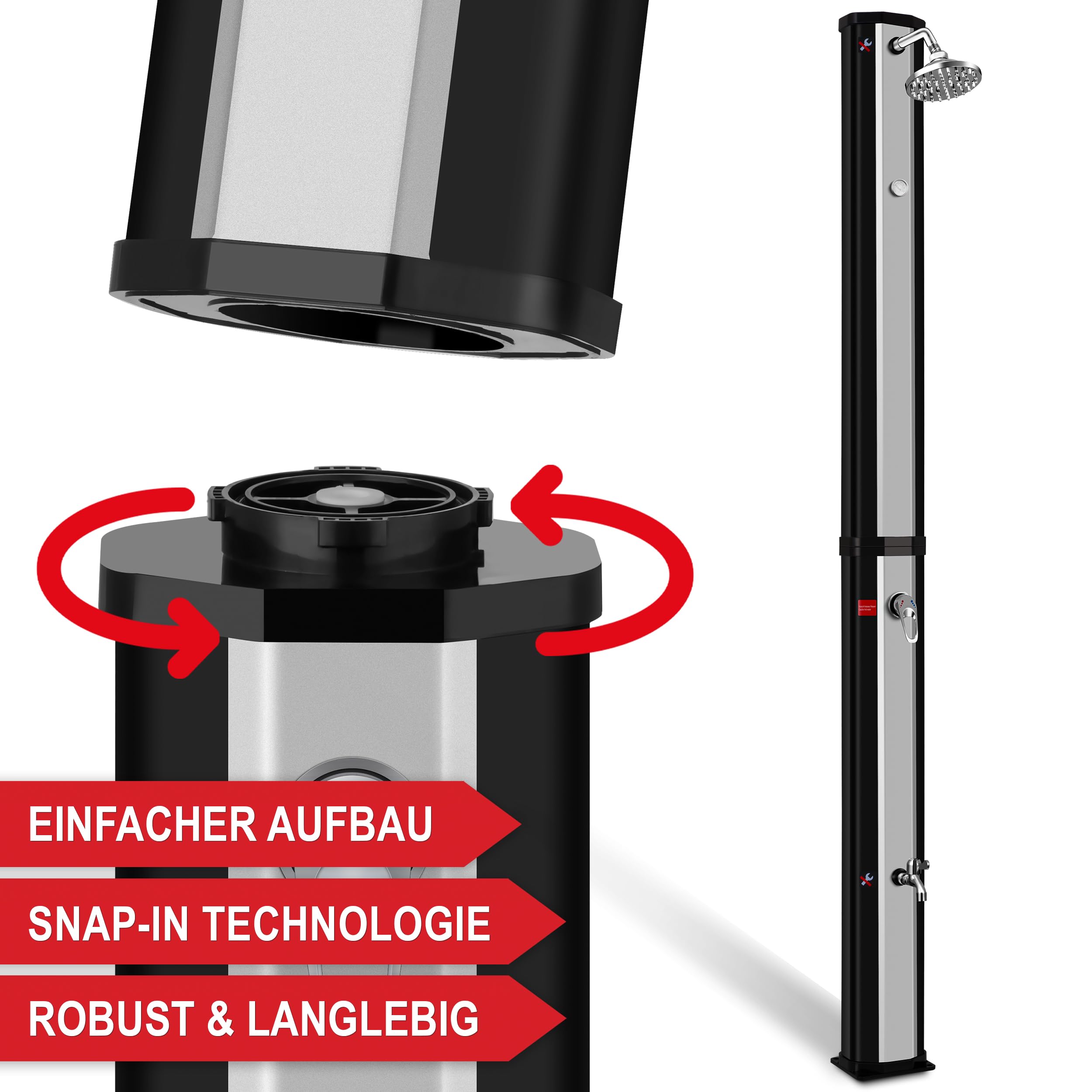 Onbest 35 Liter Solardusche Garten mit Regenschutz – Zusätzlicher Wasserhahn und integriertes Thermometer – 60°C – Warm - Kalt - Regler – Outdoor Gartendusche für Garten, Balkon & Pool – Solar Shower