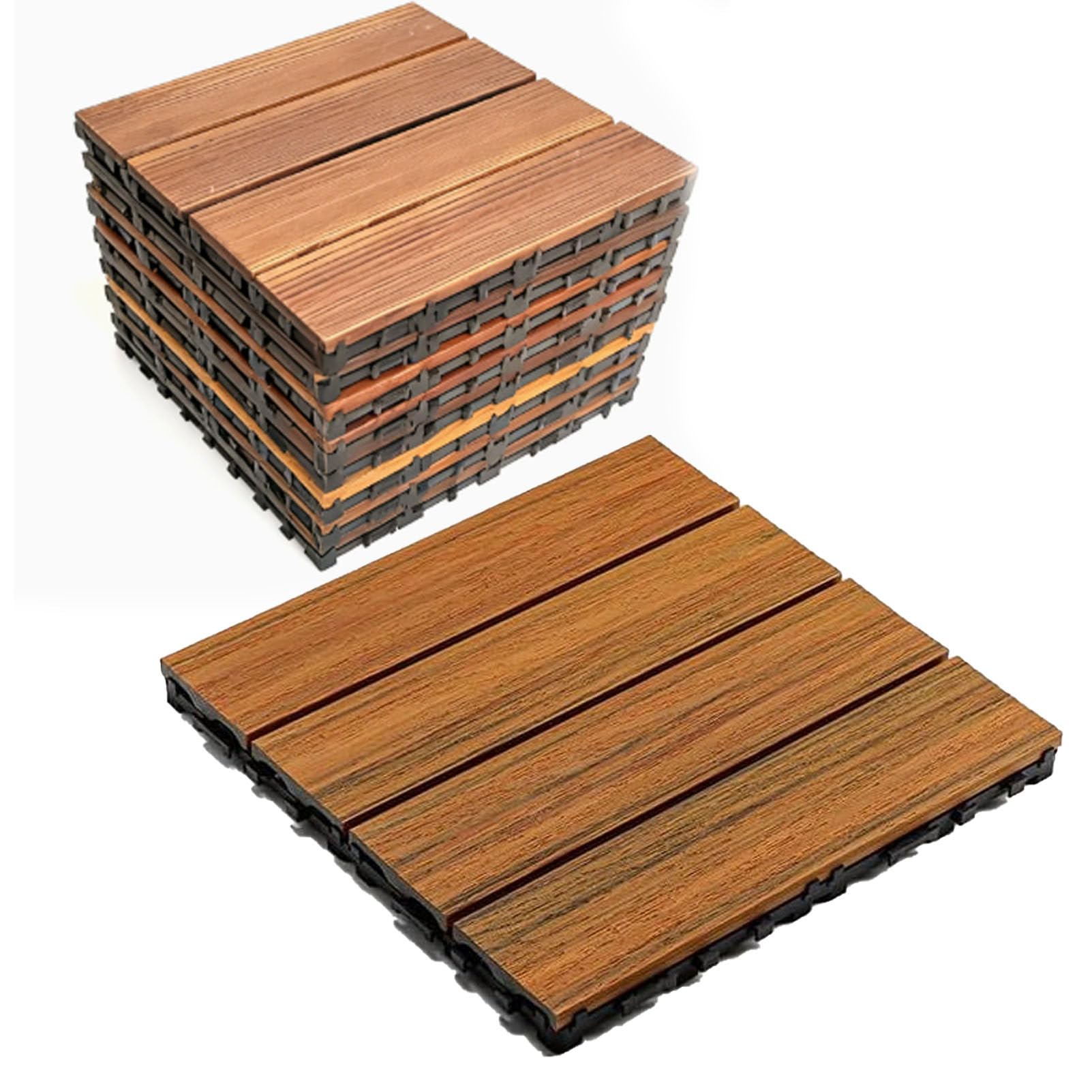 Piastrelle per pavimentazione in legno di acacia con base in PE 4-Slat-33pc | Pavimentazione a incastro 30x30 cm con sistema "click"; piastrelle in legno antiscivolo per esterni (giardini e terrazzi)
