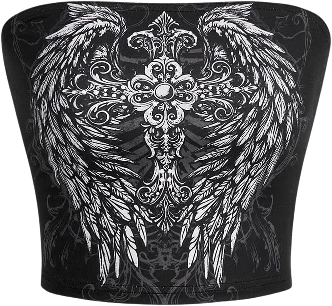 SHENHE Women's Graphic Strapless Cross Wing Print Goth Y2k Crop Tube Bandeau Tank Top