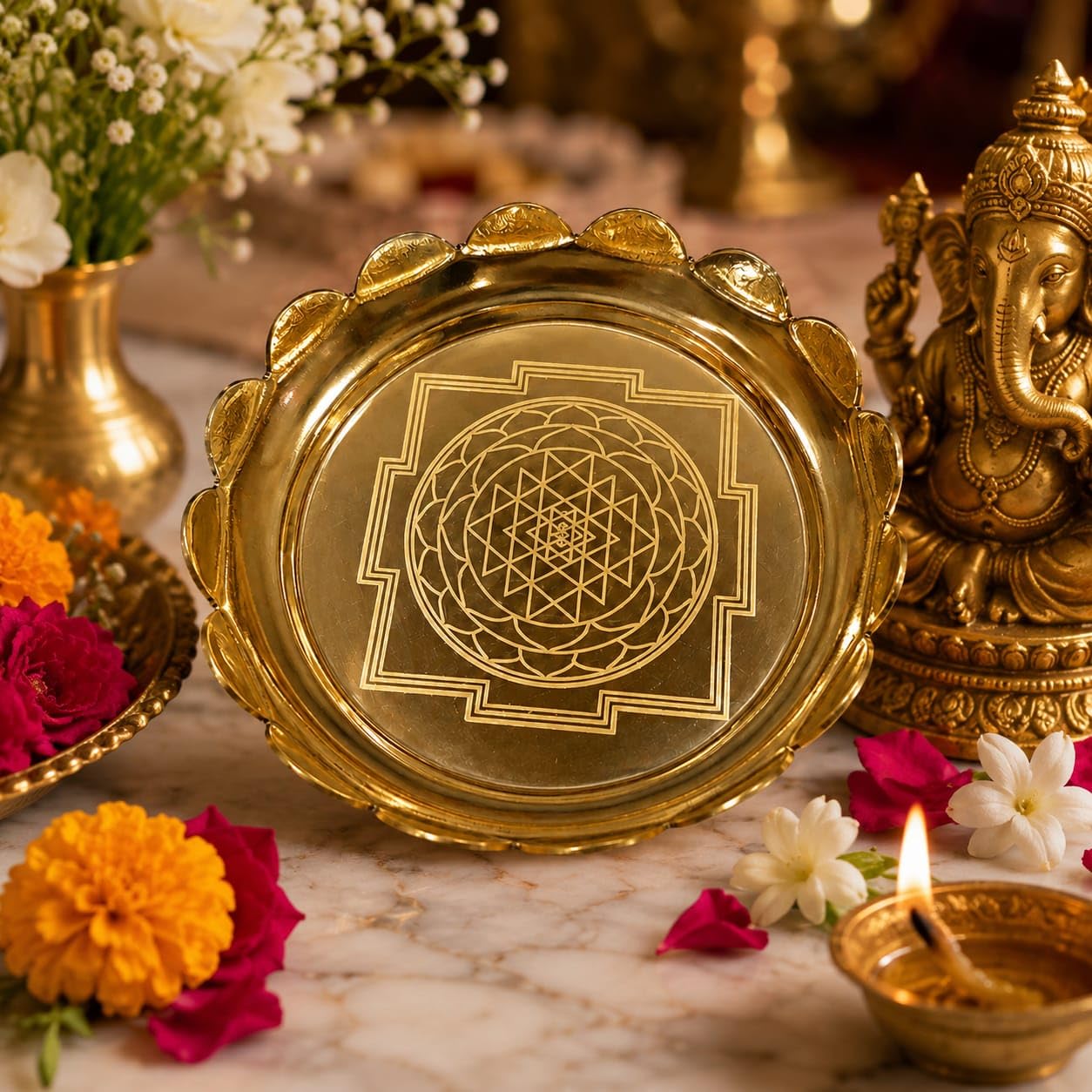 Brass Lotus Urli Bowl with Shri Chakra Engraving | 4 inch Pooja Offering Bowl | Divine Gift for Housewarming | varalakshmi Pooja Gift | Home Temple Decor | Spiritual Gift-picture-21