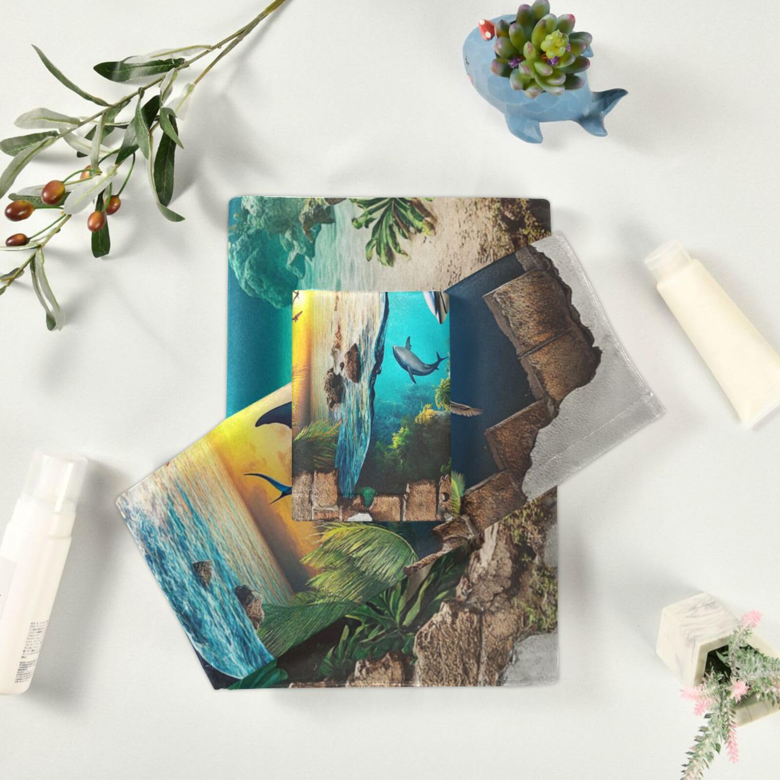 3D-Loch-Duschhandtuch-Set, weiße Wand, Ozean, Tiere, Fische, Meer, Gesicht, Handtücher, 1 Badetuch, 1 Handtuch, 1 Waschlappen für Yoga, Badezimmer, Küche