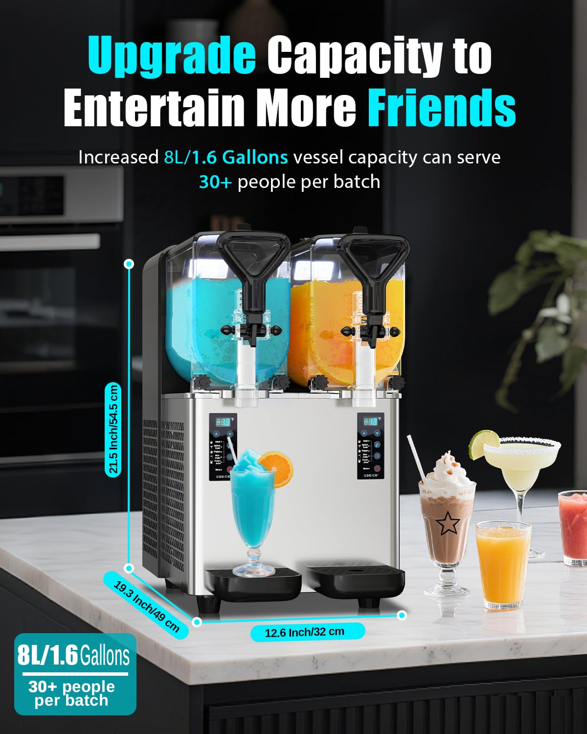 GSE Máquina de granizado profesional de 6 l con 2 tanques independientes y pantalla LCD – 4 programas (margarita, cóctel, granizado, jugo congelado) – Ideal para gastronomía, bar, fiesta en casa
