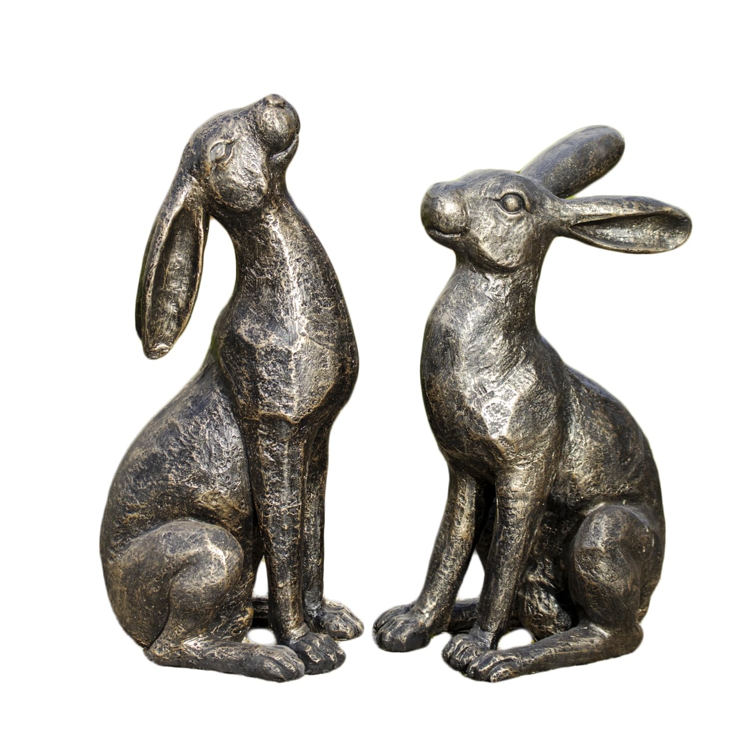 Darthome Set of 2 Aged Gold Garden Hare Ornaments, Moongazing and Alert Poses, Weather Resistant Resin, Indoor and Outdoor Decor