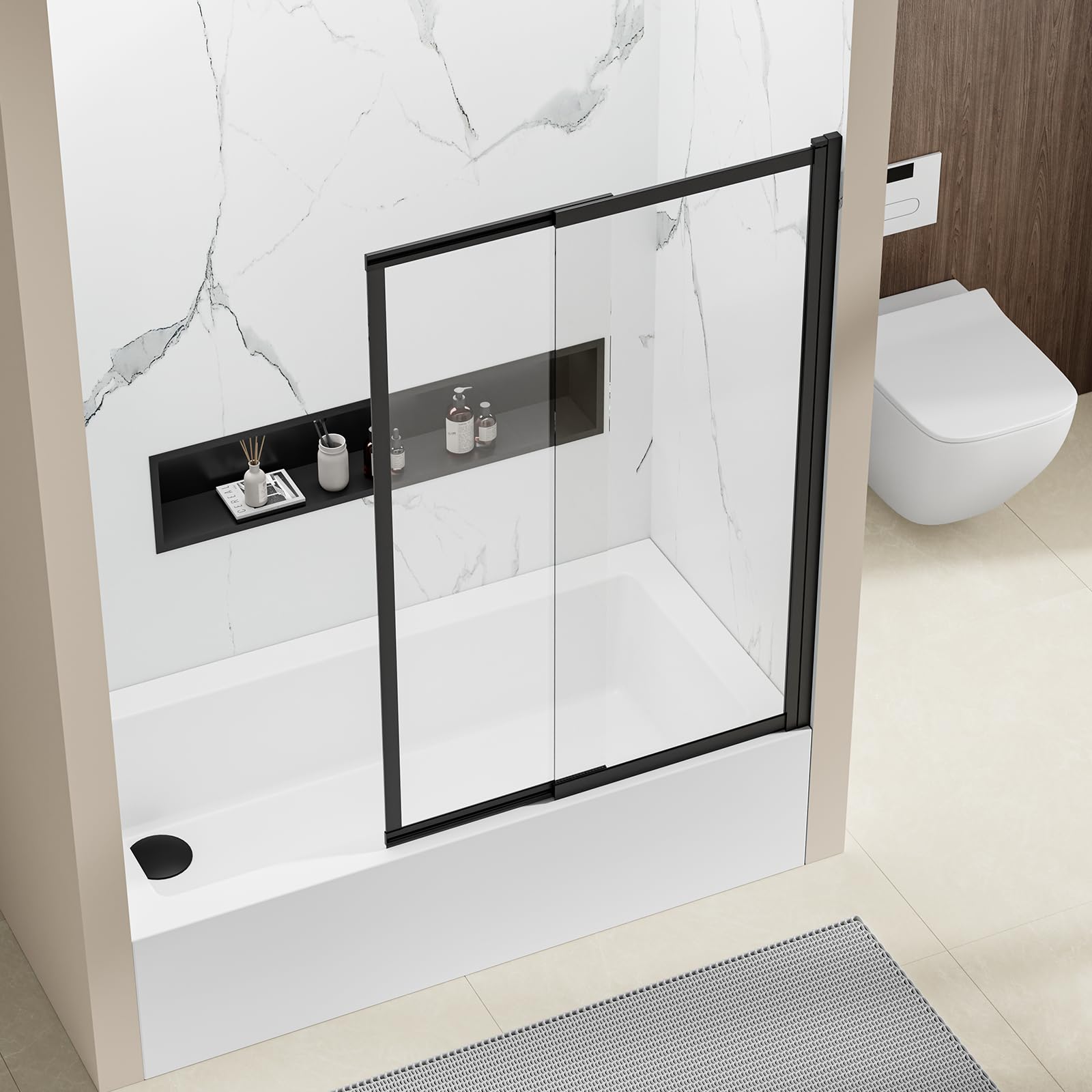 Bathtub Shower Door,40" W x 59" H Tub Sliding Doors, 5mm Clear SGCC Tempered Glass with Dual Nano Coating, Easy to Clean, Matte Black Finish