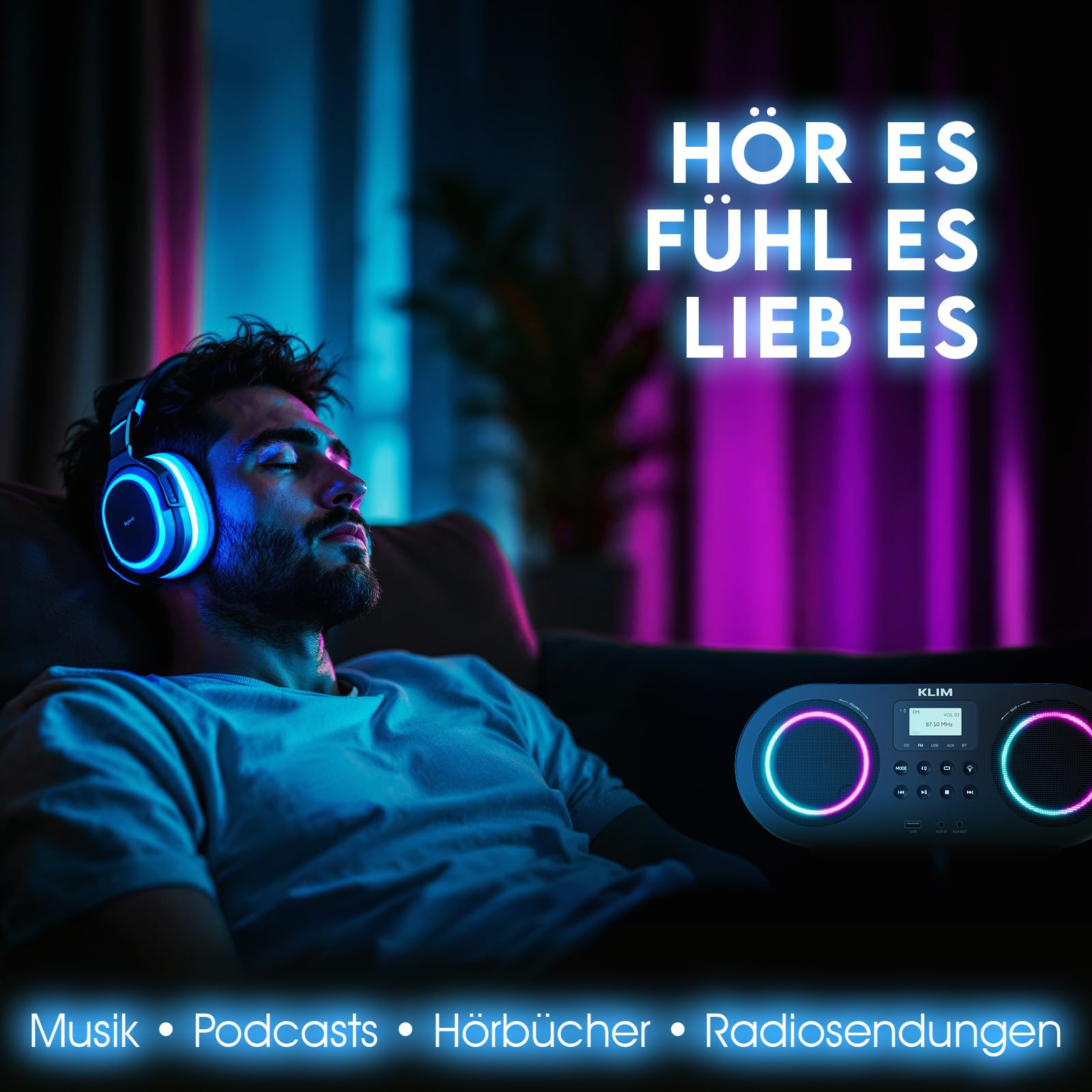 KLIM Boombox B5 Radio mit CD Player + FM Radio, Bluetooth, AUX, USB + NEU + CD Player tragbar mit kabellosem Modus und aufladbaren Akku + CD-Player mit Autosleep, Digital EQ