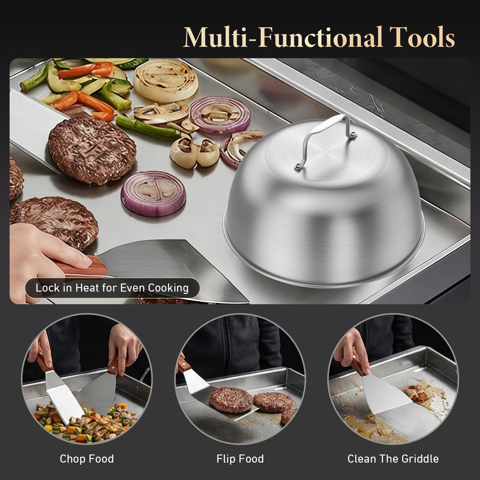 Universal Edelstahl Grillplatte 40x30 cm für Gasgrill - 4mm Massiv Plancha Set inkl. Burger Glocke, 2 Grillspachtel & Abnehmbare Griffe - BBQ Grillplatte für Weber, Enders, Kohlegrill & Backofen