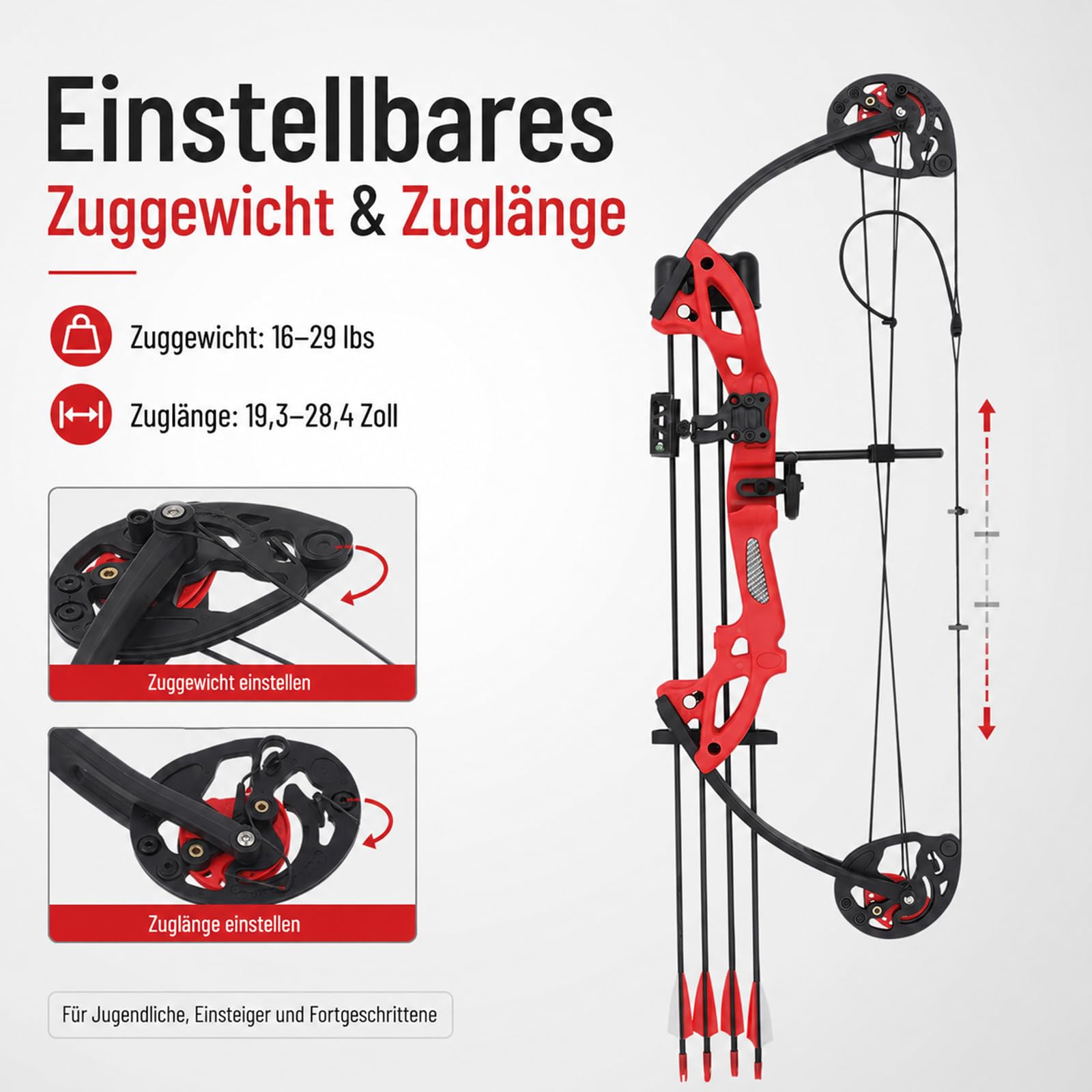 Pfeil und Bogen Kinder Set mit Visier Armschutz Auflage | Einstellbar 16-29 Lbs Zuglänge (19,3-28,4 Zoll) für Jugendliche Und Einsteiger für Rechtshänder (Rot)