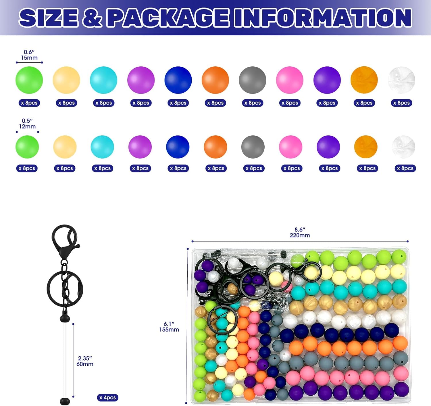Waltool 165 Pcs Keychain Making Set Contains 15 Colors 12mm 15mm Silicone Loose Beads, Blanks Beadable Keychain Bars Key Chain Accessories Bulk for Keychain Jewelry Pendant DIY Crafts Gift