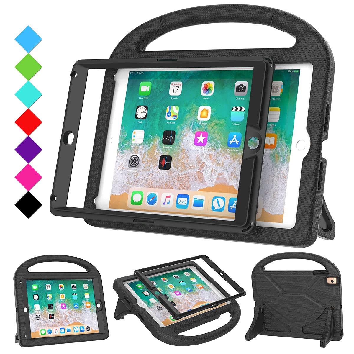 RTOBX iPad 6th/5th Generation Case, iPad 9.7 Case 2018/2017 for Kids with Built-in Screen Protector, Durable Shockproof Handle Stand Protective Cover for 9.7 inch iPad 6/5 Gen/Air 1/2/Pro 9.7, Black
