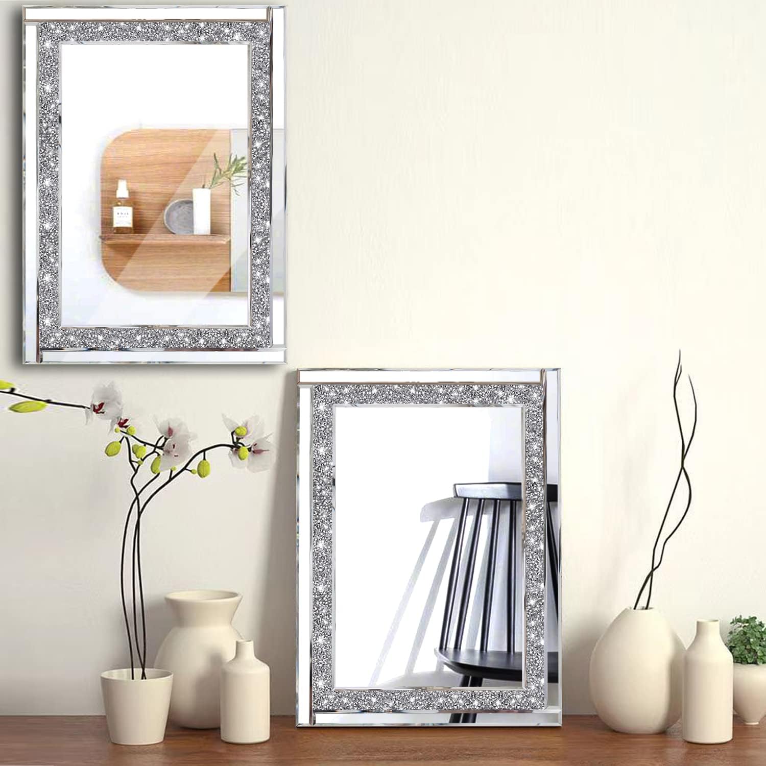 Meetart Crystal Crush Diamond Silver Mirror 11'' x 15''2 PCS, Frameless Stylish Gorgeous Diamond Decor Glam Glass Mirror. for Bedroom Bathroom Hanging Mirror Home for Wall Decor.