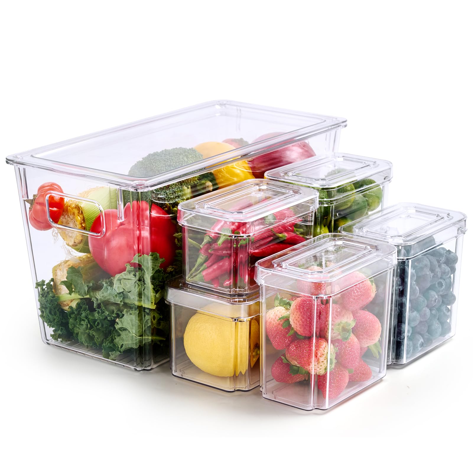 MUCHII 6 Pack Fridge Organizers and Storage, Stackable Fridge Organizer Bins with Lids, Kitchen Organizer Storage Containers for Fruit, Food, Vegetables